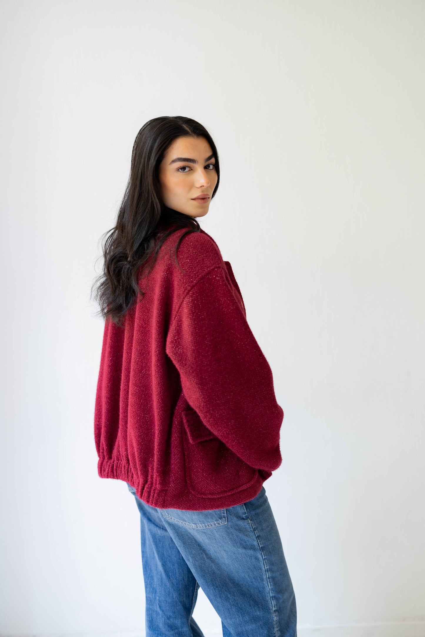 Shimmer Bomber Jacket in Ruby