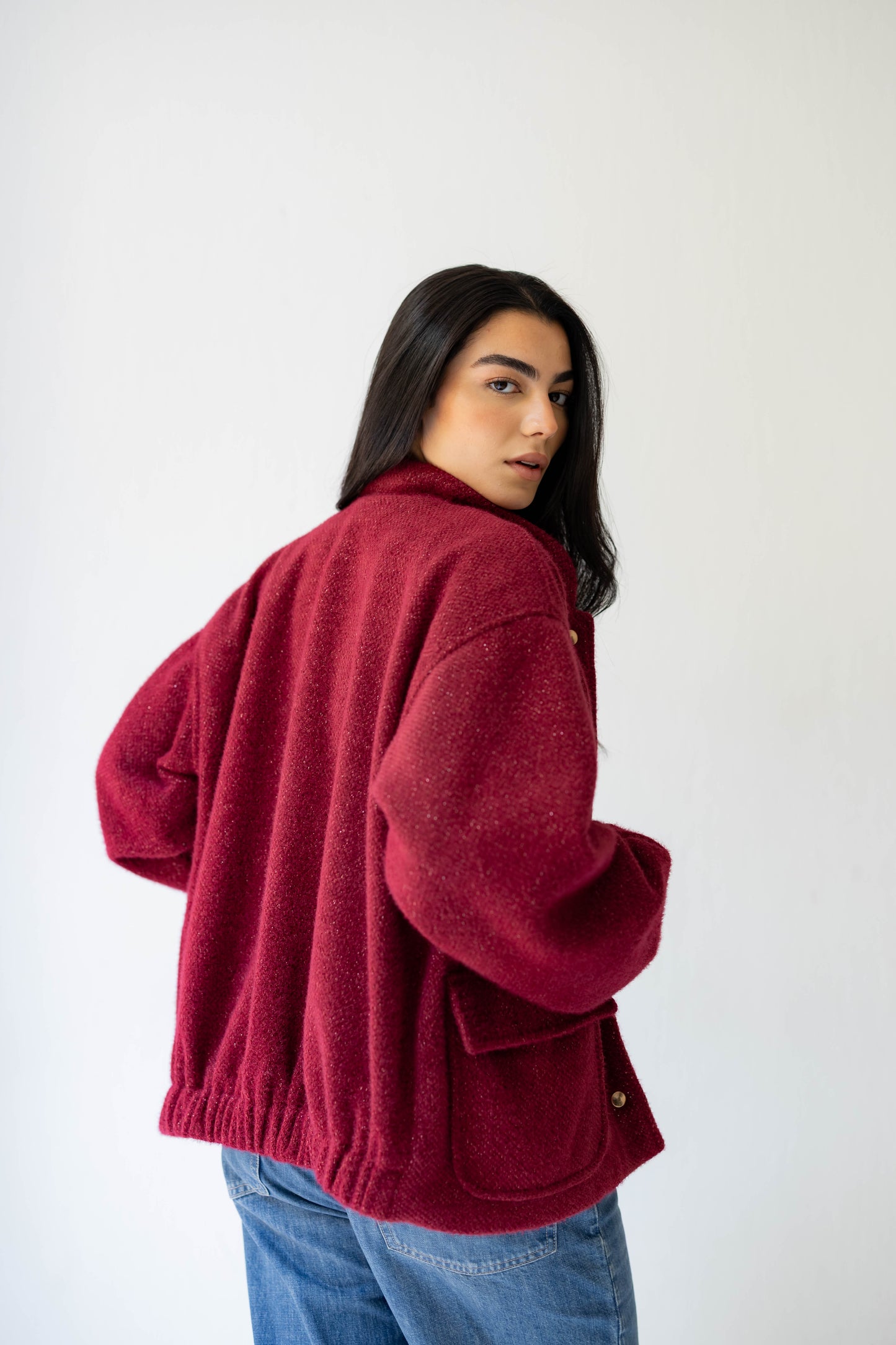 Shimmer Bomber Jacket in Ruby