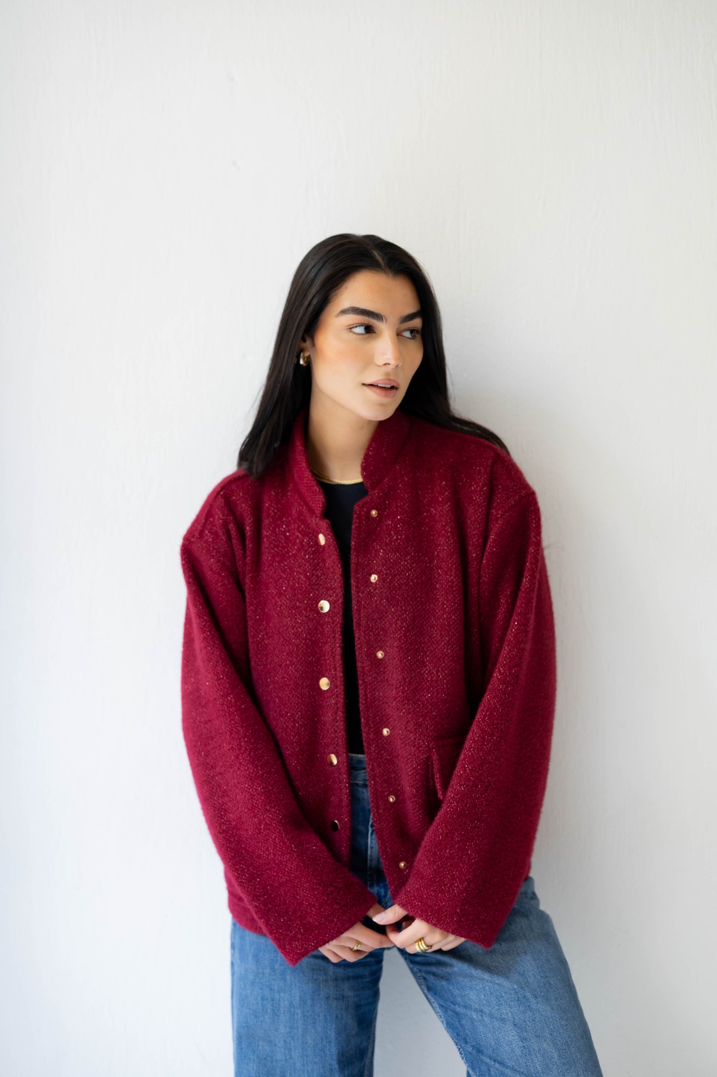 Shimmer Bomber Jacket in Ruby