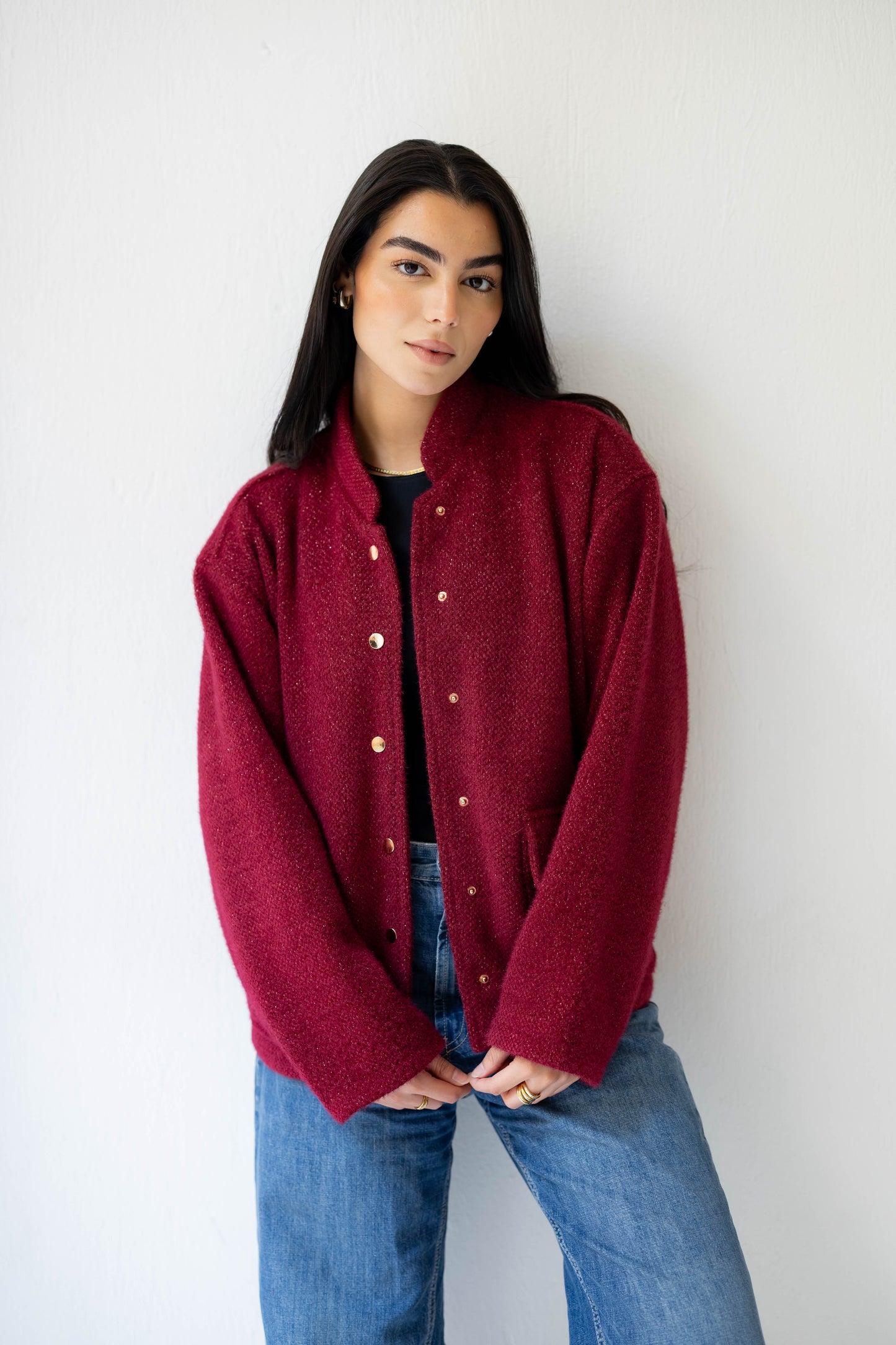 Shimmer Bomber Jacket in Ruby