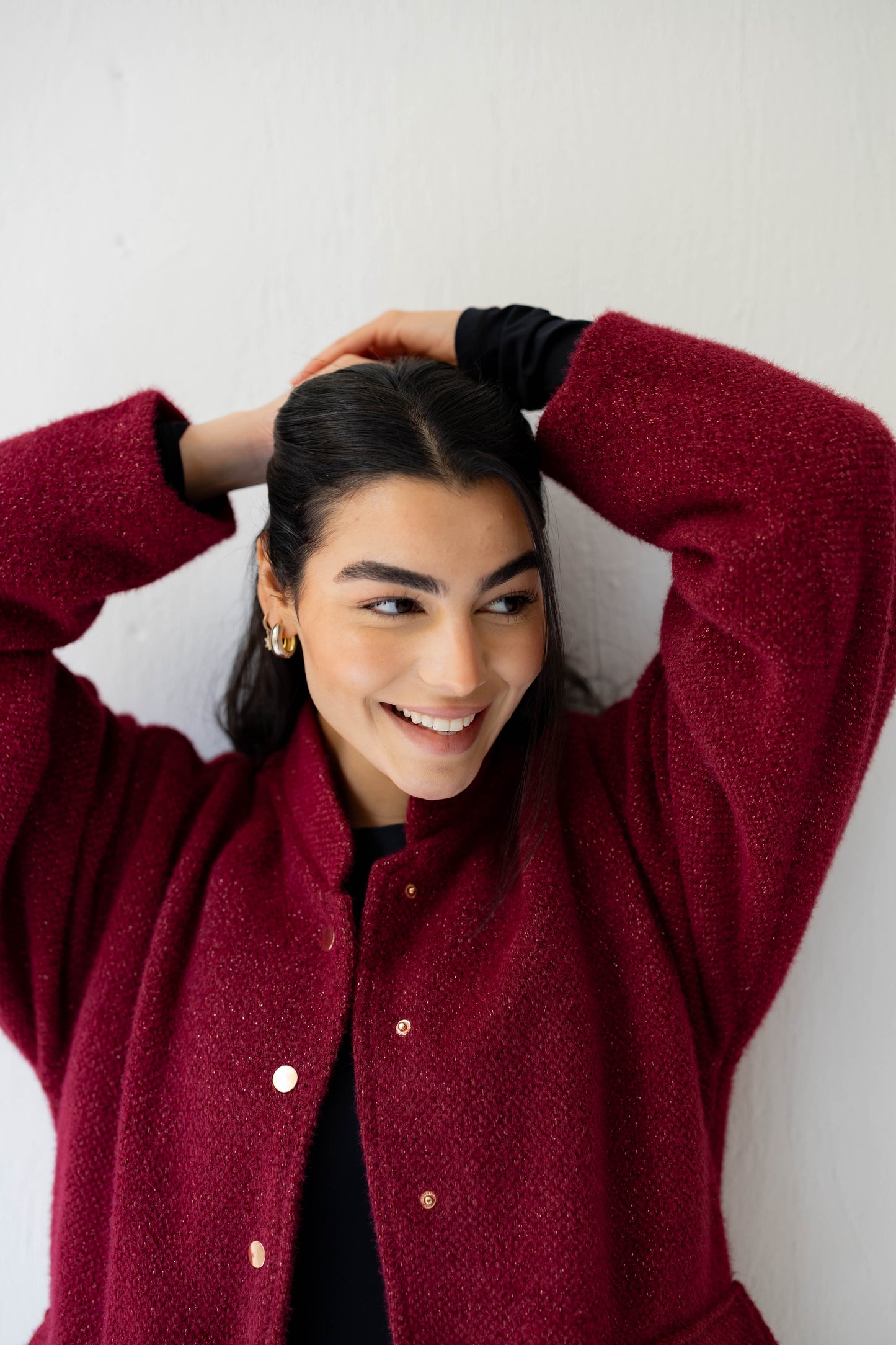 Shimmer Bomber Jacket in Ruby