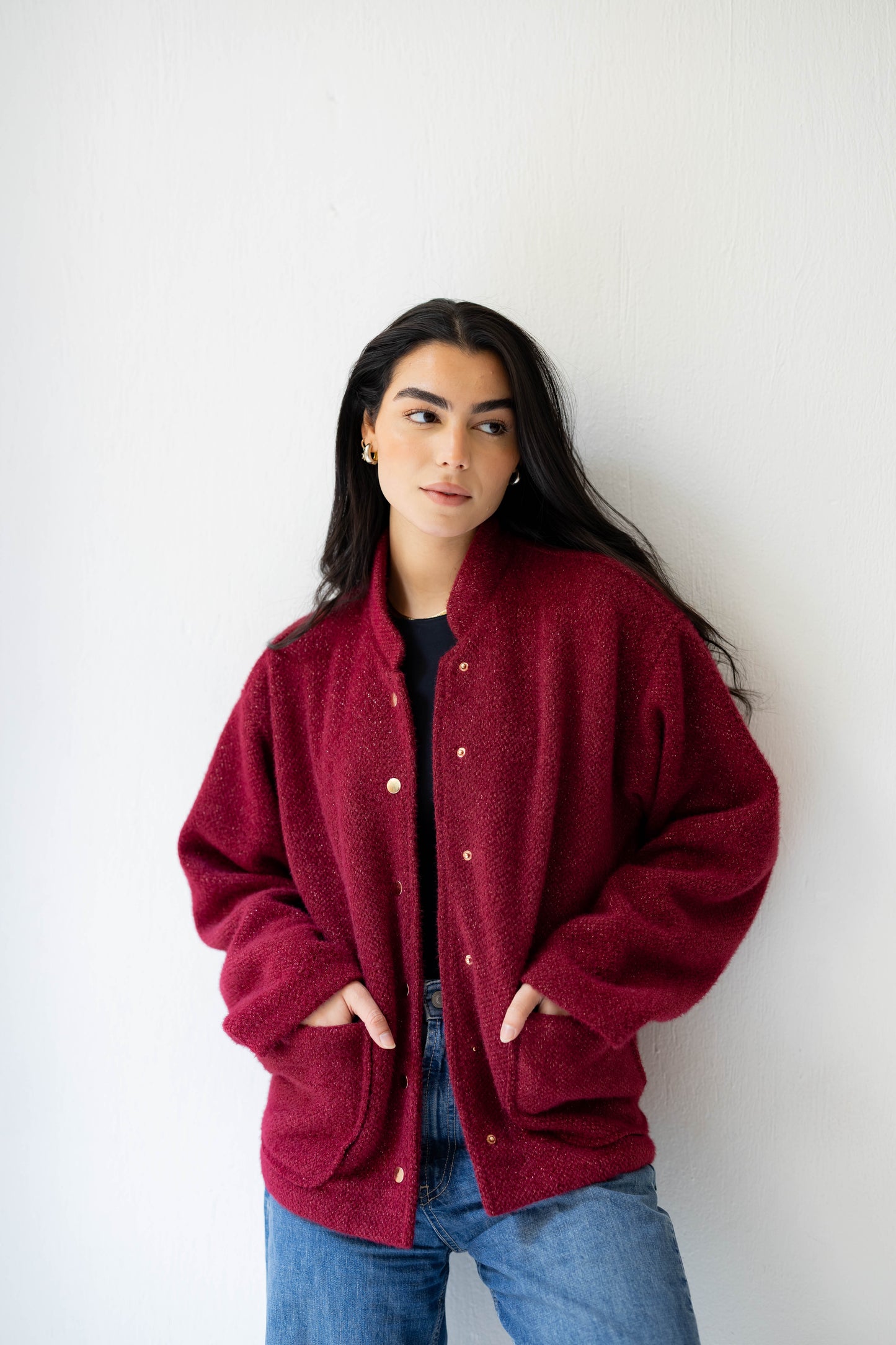 Shimmer Bomber Jacket in Ruby