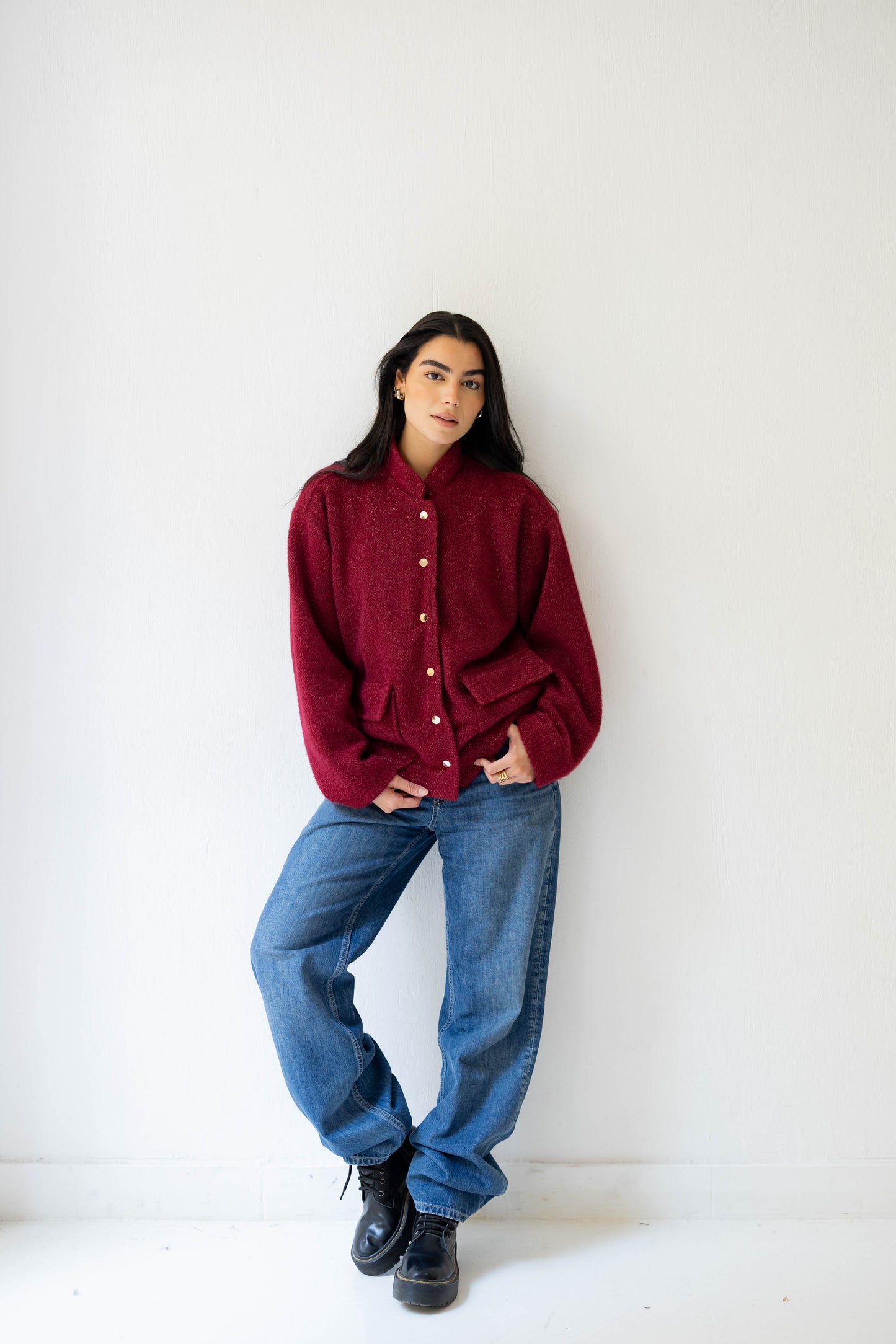 Shimmer Bomber Jacket in Ruby