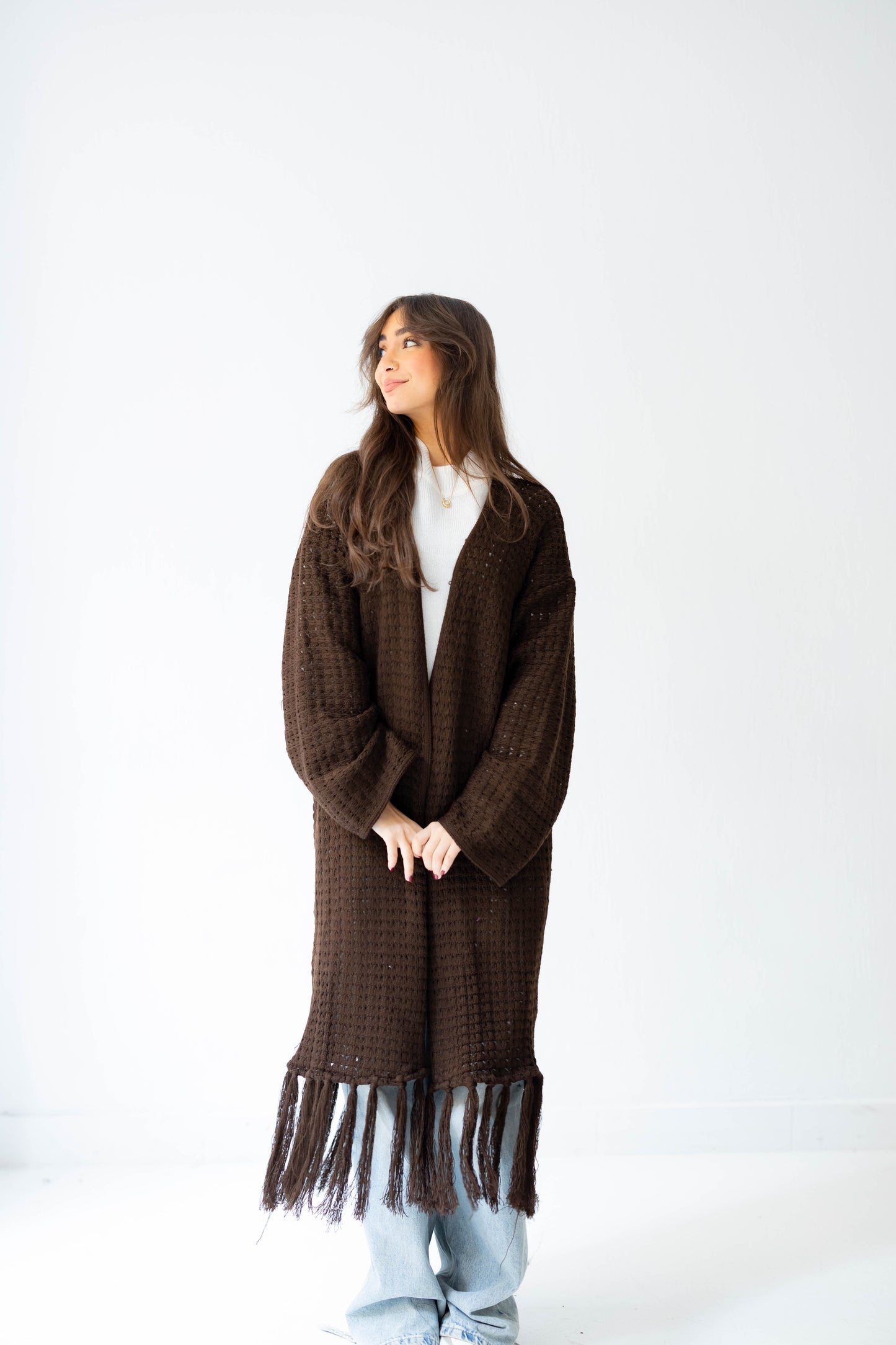 Boho Fringed Cardigan in Brown