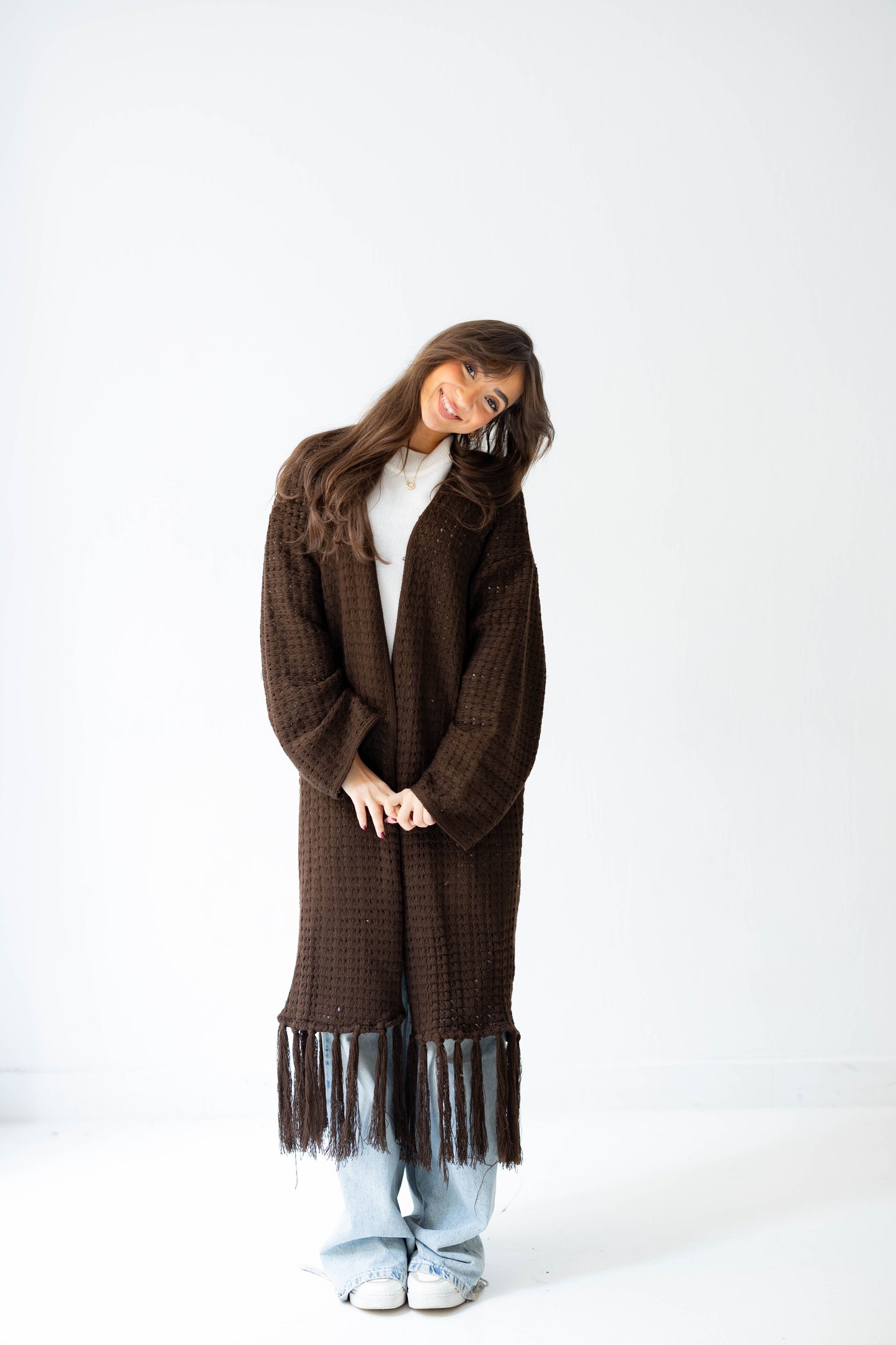 Boho Fringed Cardigan in Brown