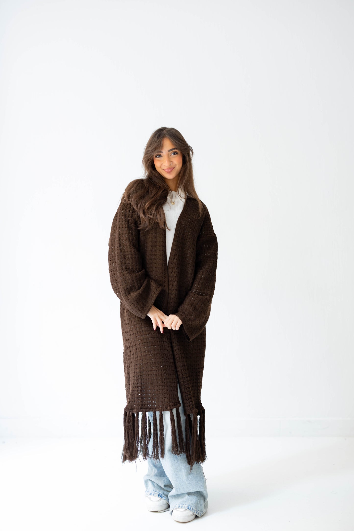 Boho Fringed Cardigan in Brown