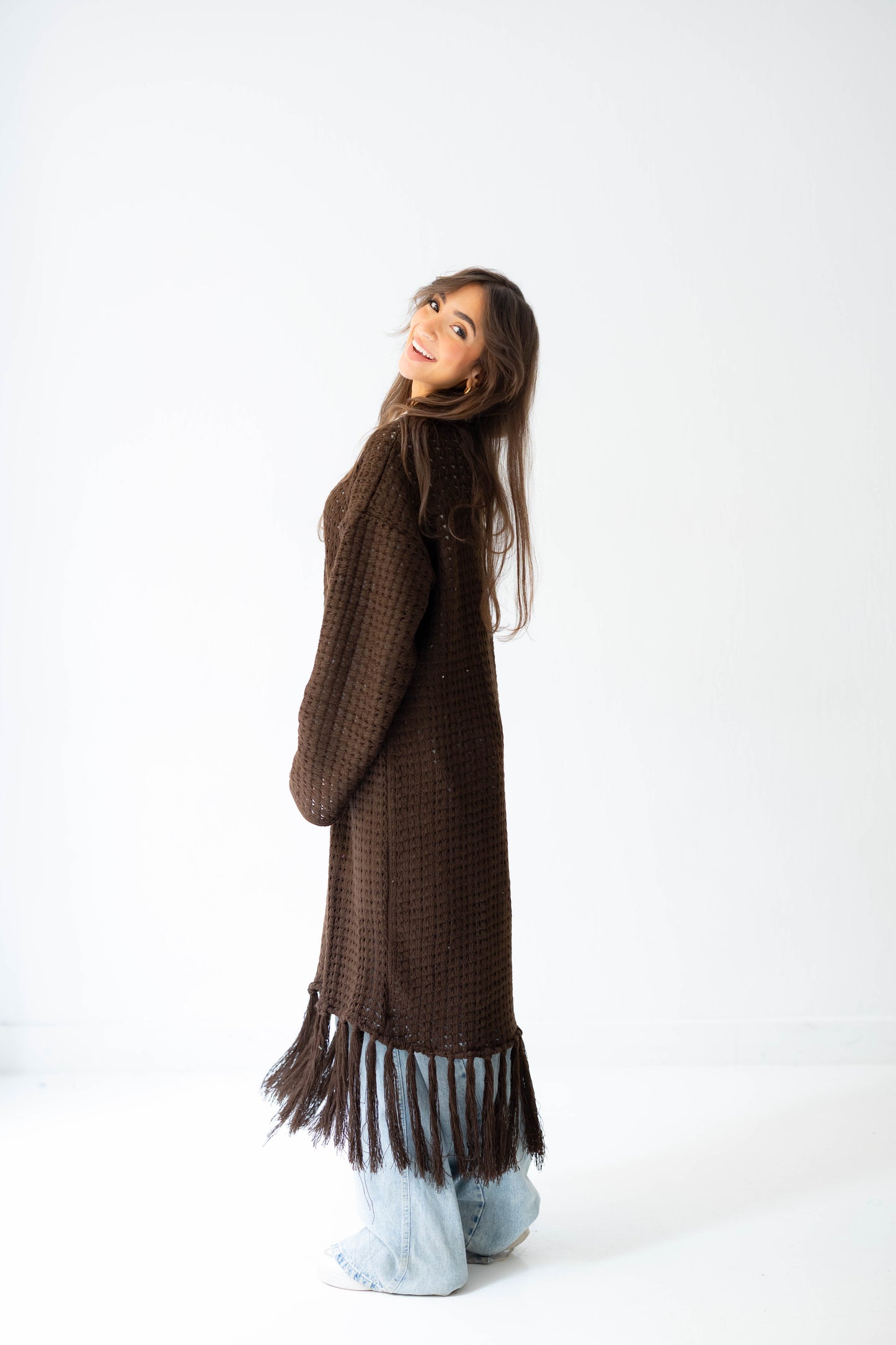 Boho Fringed Cardigan in Brown