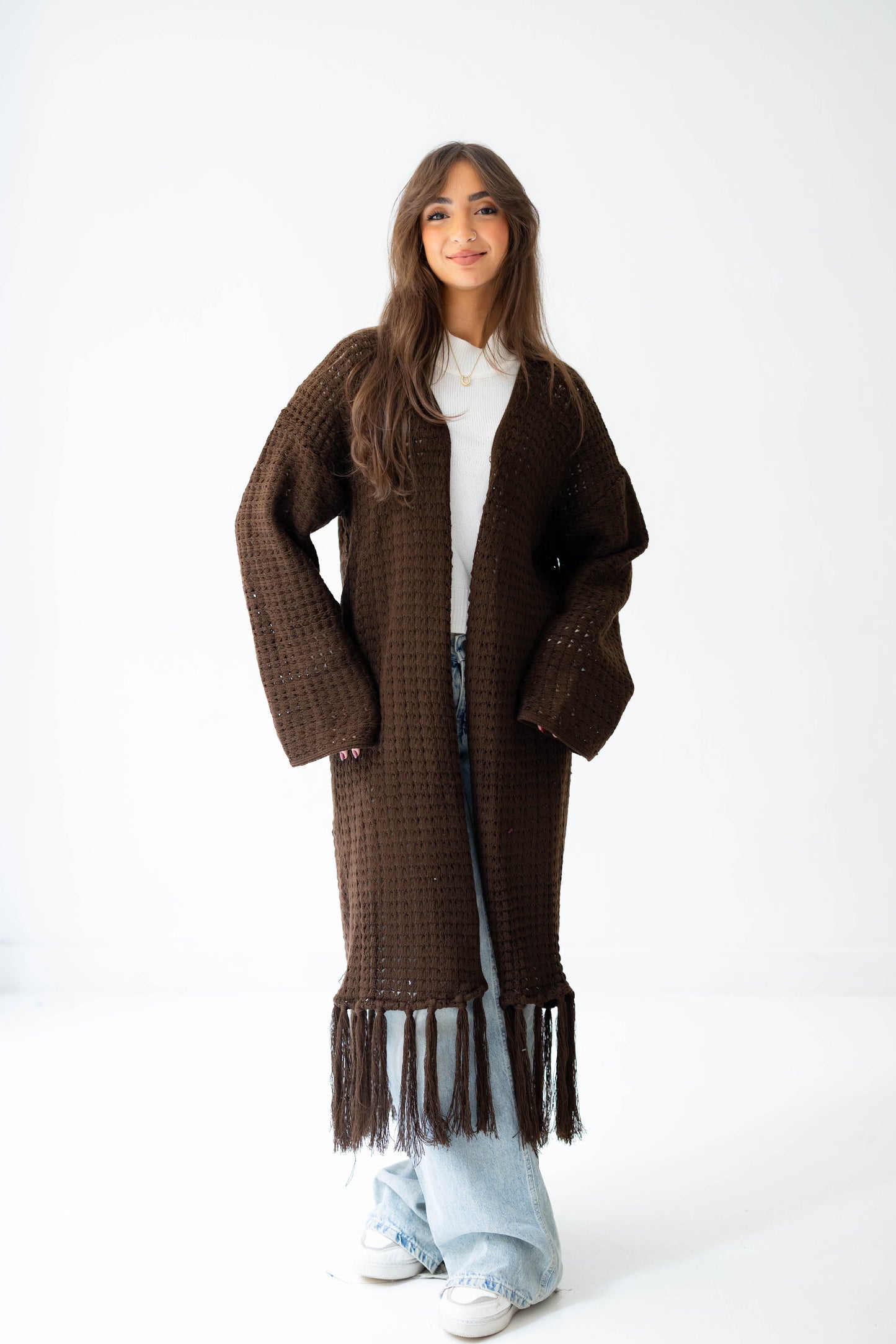 Boho Fringed Cardigan in Brown