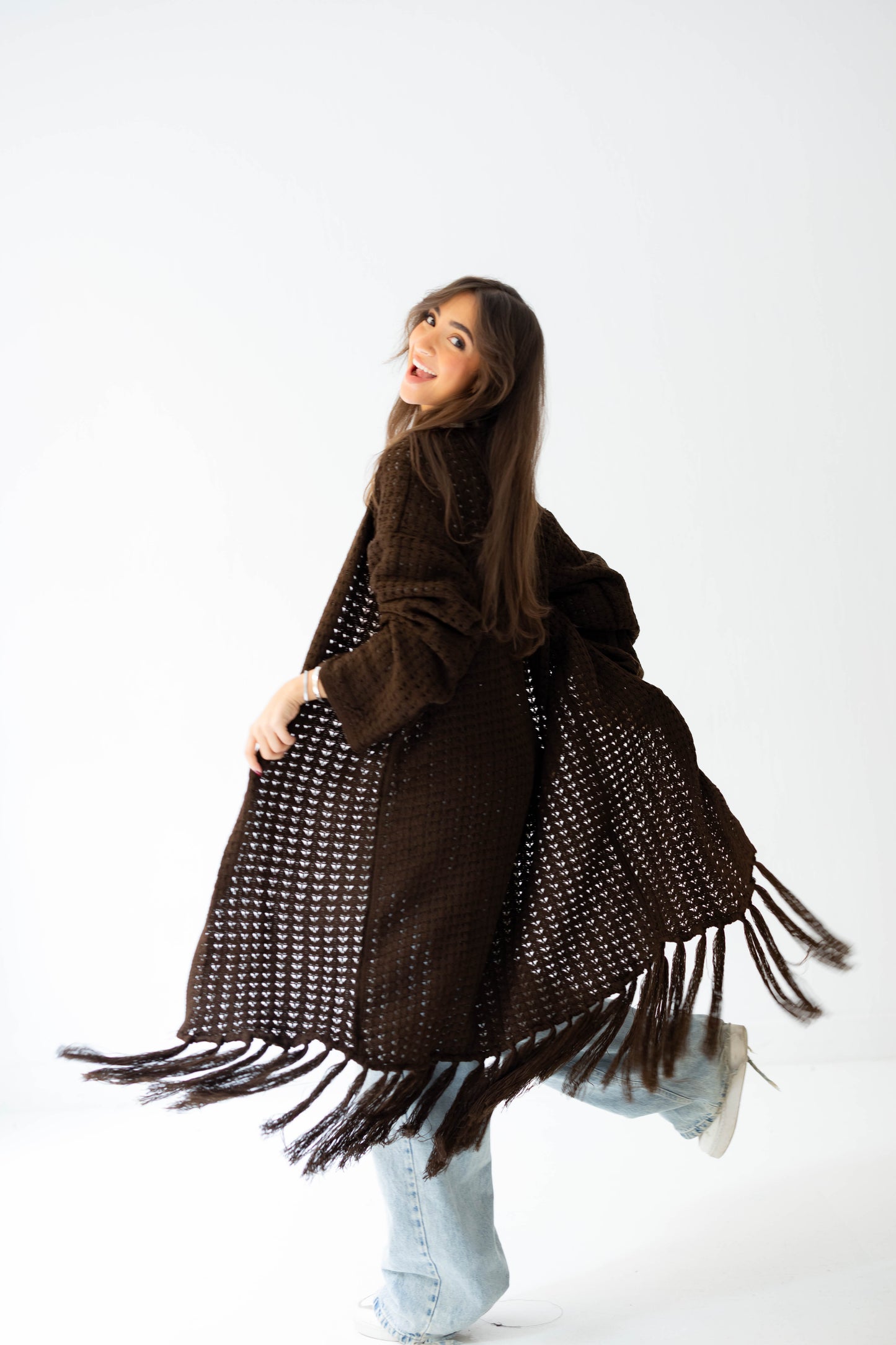 Boho Fringed Cardigan in Brown