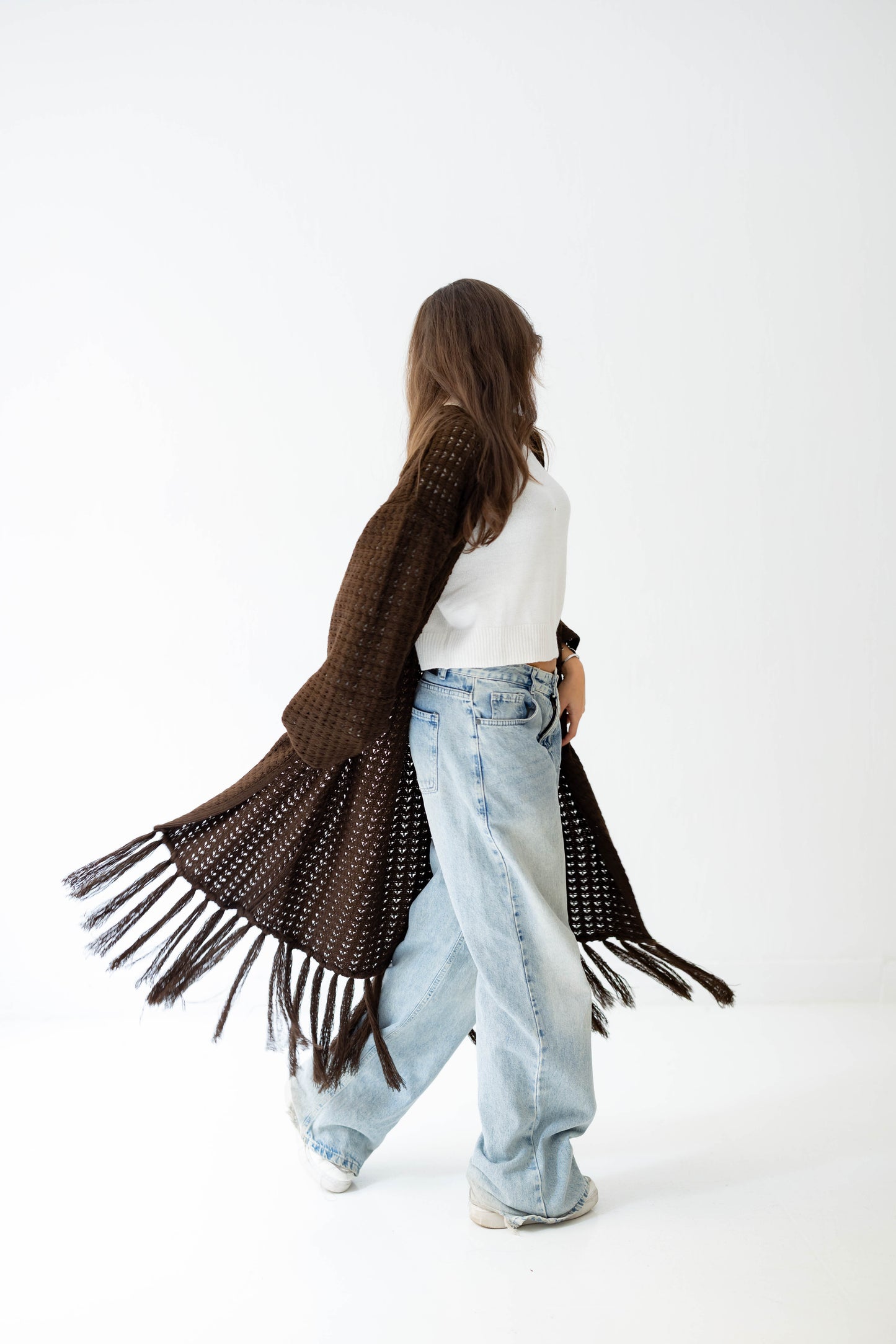 Boho Fringed Cardigan in Brown