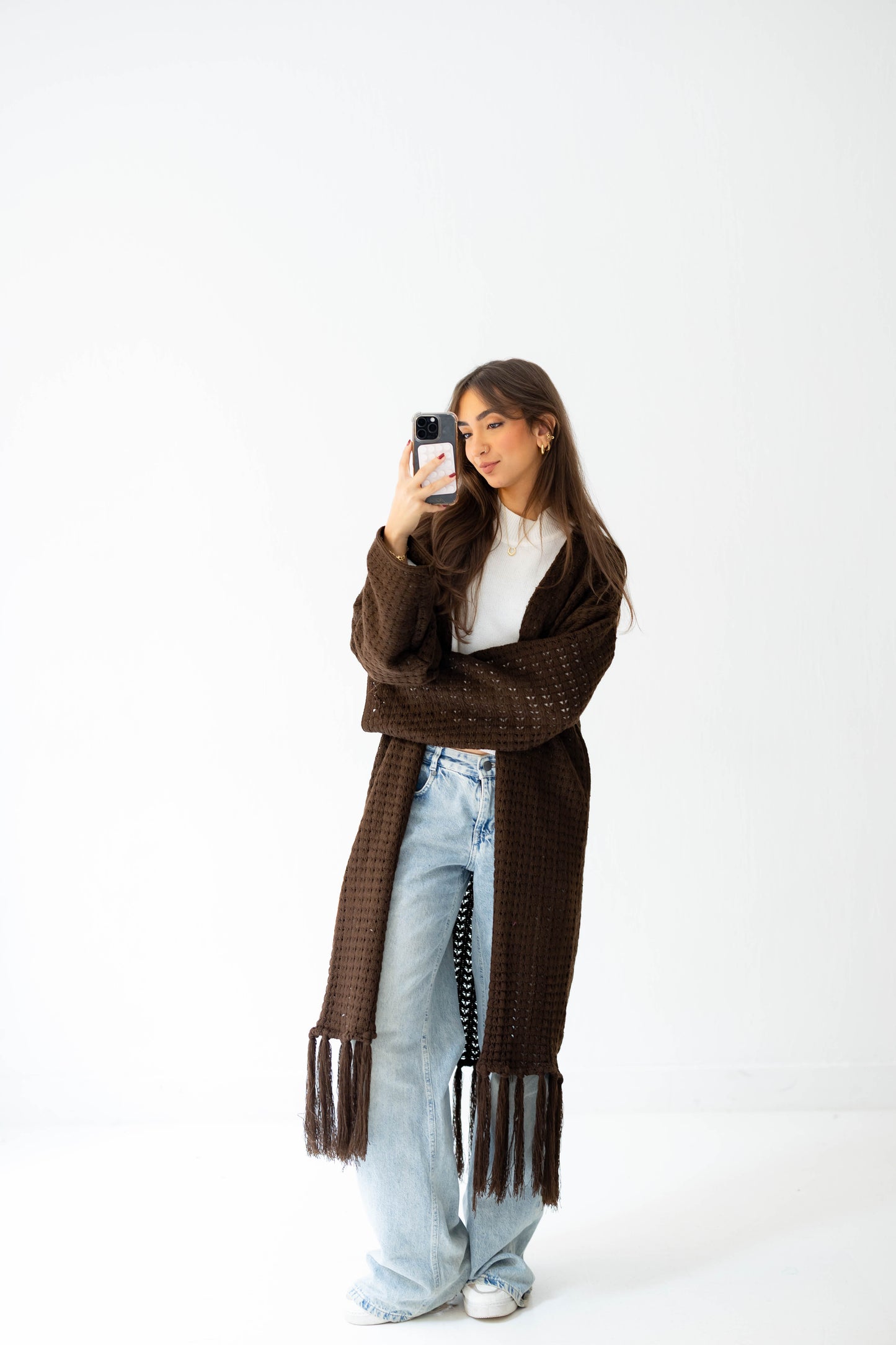 Boho Fringed Cardigan in Brown