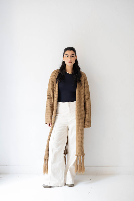 Boho Fringed Cardigan in Camel