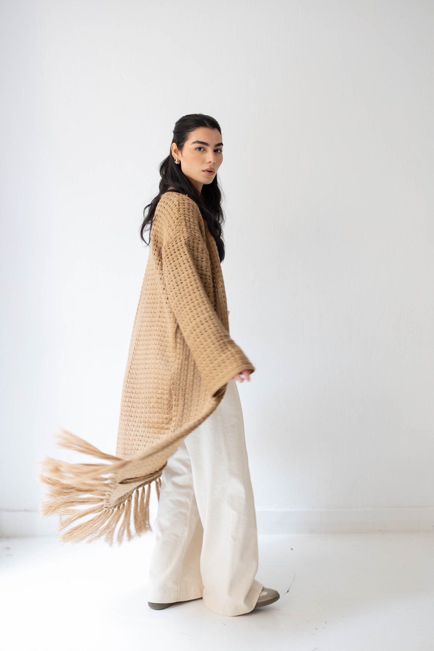 Boho Fringed Cardigan in Camel