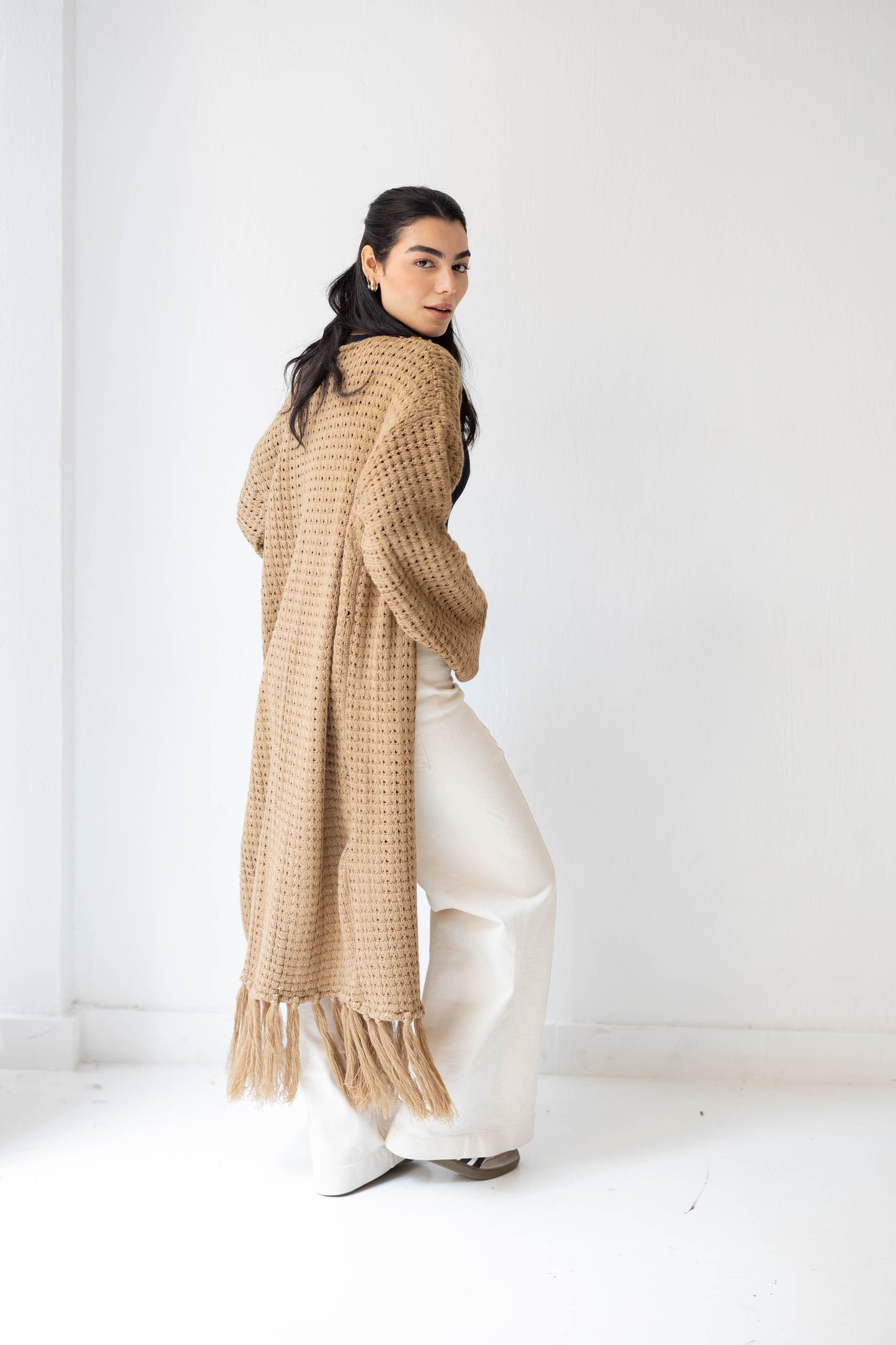 Boho Fringed Cardigan in Camel