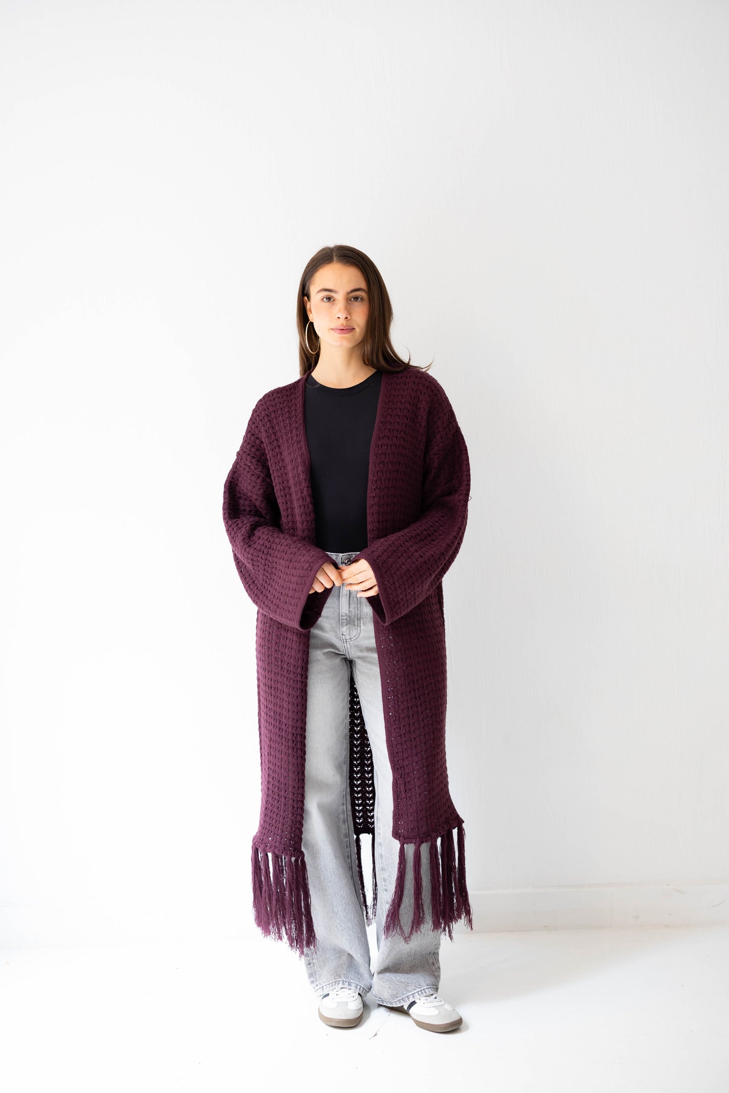 Boho Fringed Cardigan in Burgundy