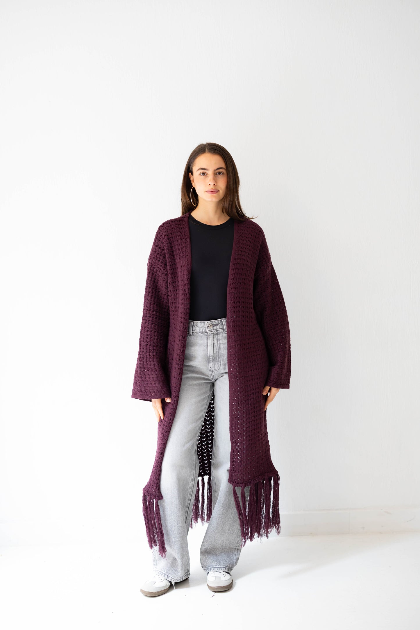 Boho Fringed Cardigan in Burgundy