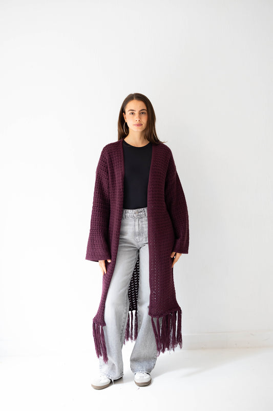 Boho Fringed Cardigan in Burgundy