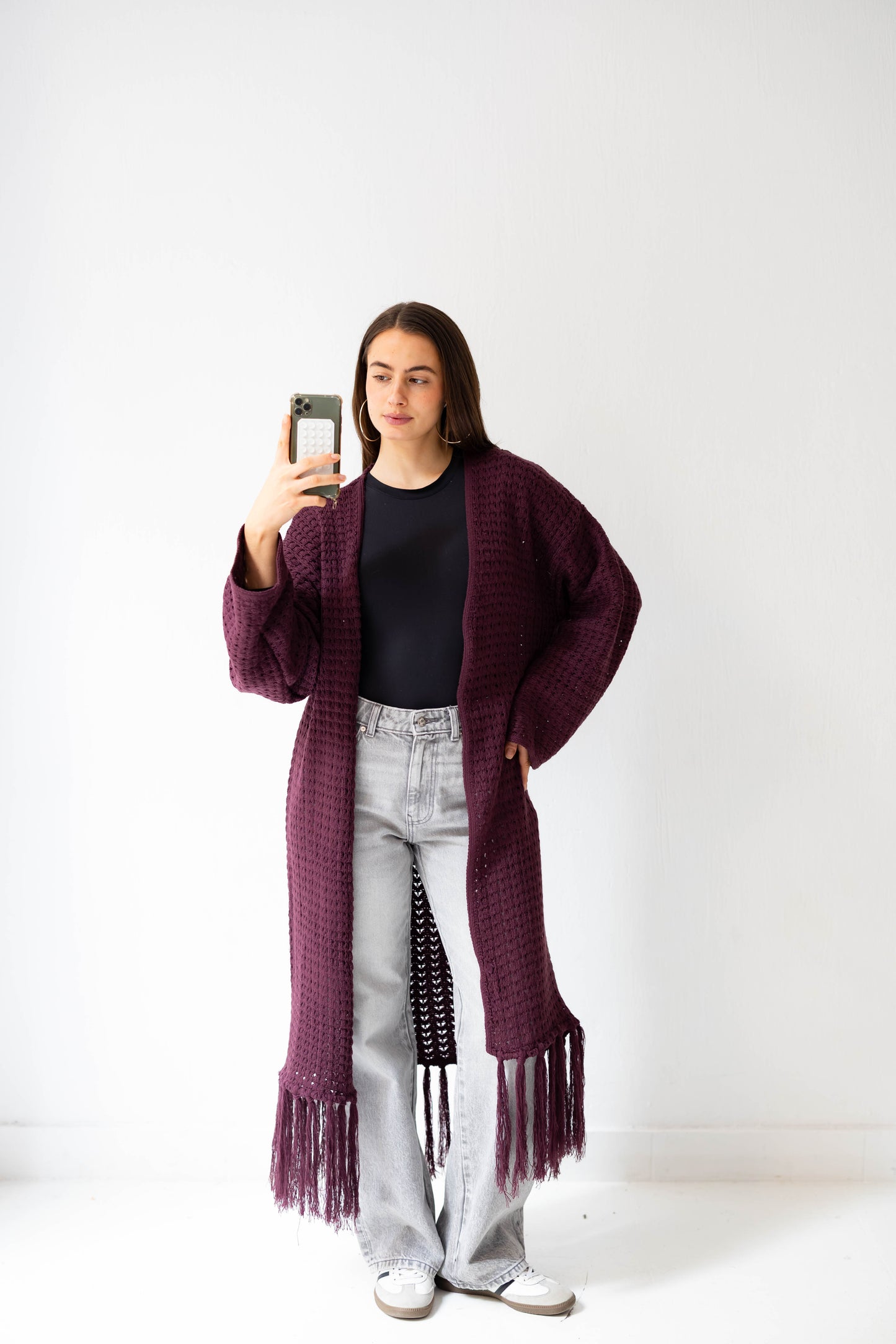 Boho Fringed Cardigan in Burgundy