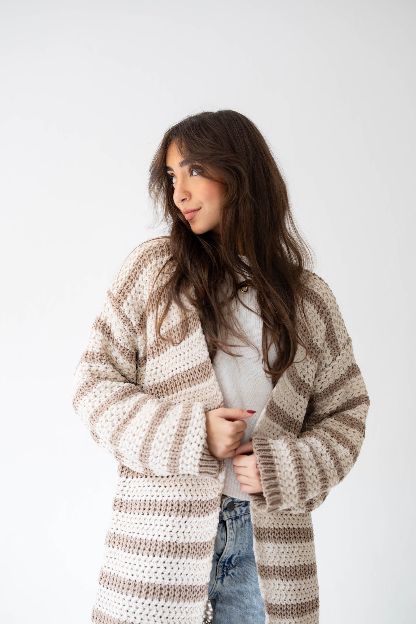 Wave Line Cardigan in Beige