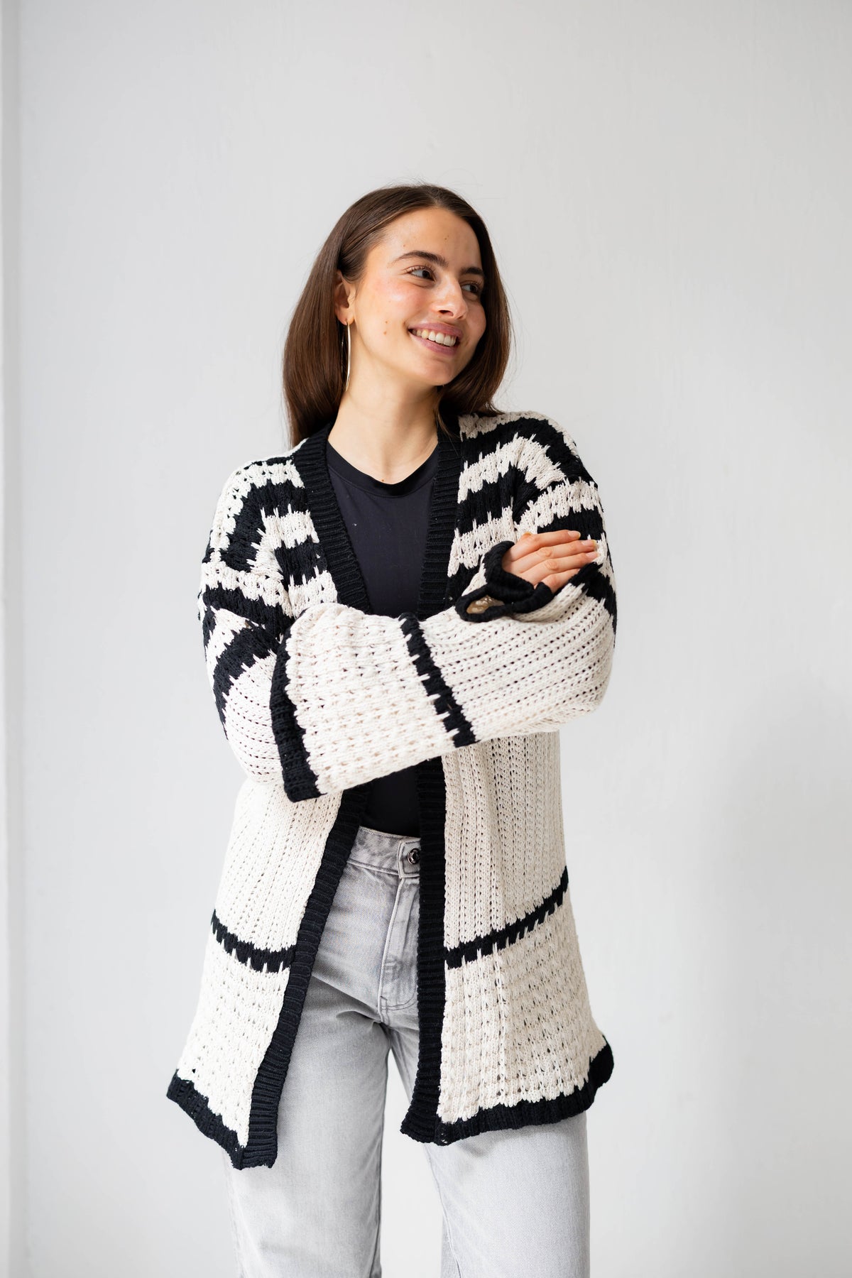 The Striped Knit Cardigan in Cream