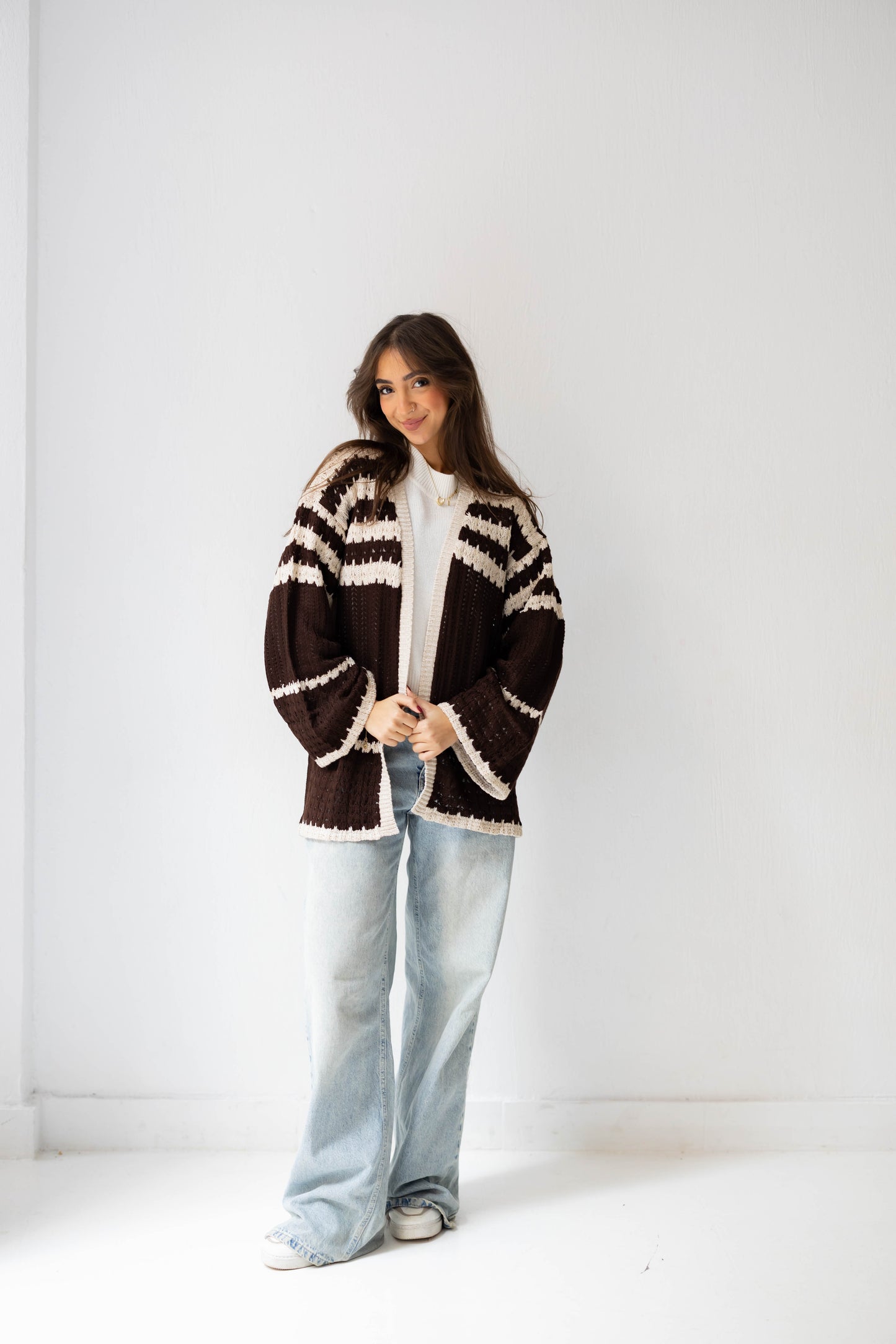 The Striped Knit Cardigan in Brown