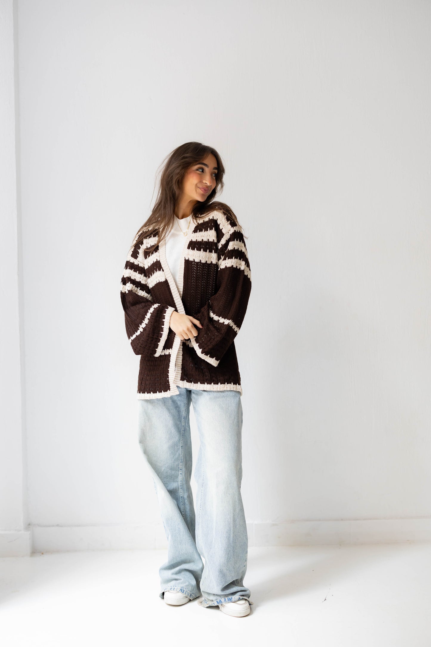 The Striped Knit Cardigan in Brown