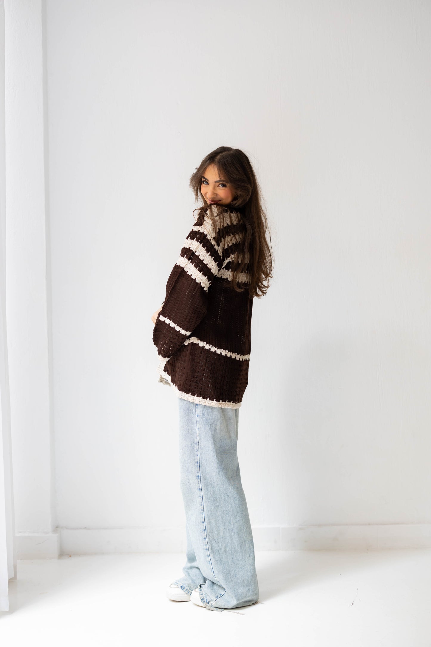 The Striped Knit Cardigan in Brown