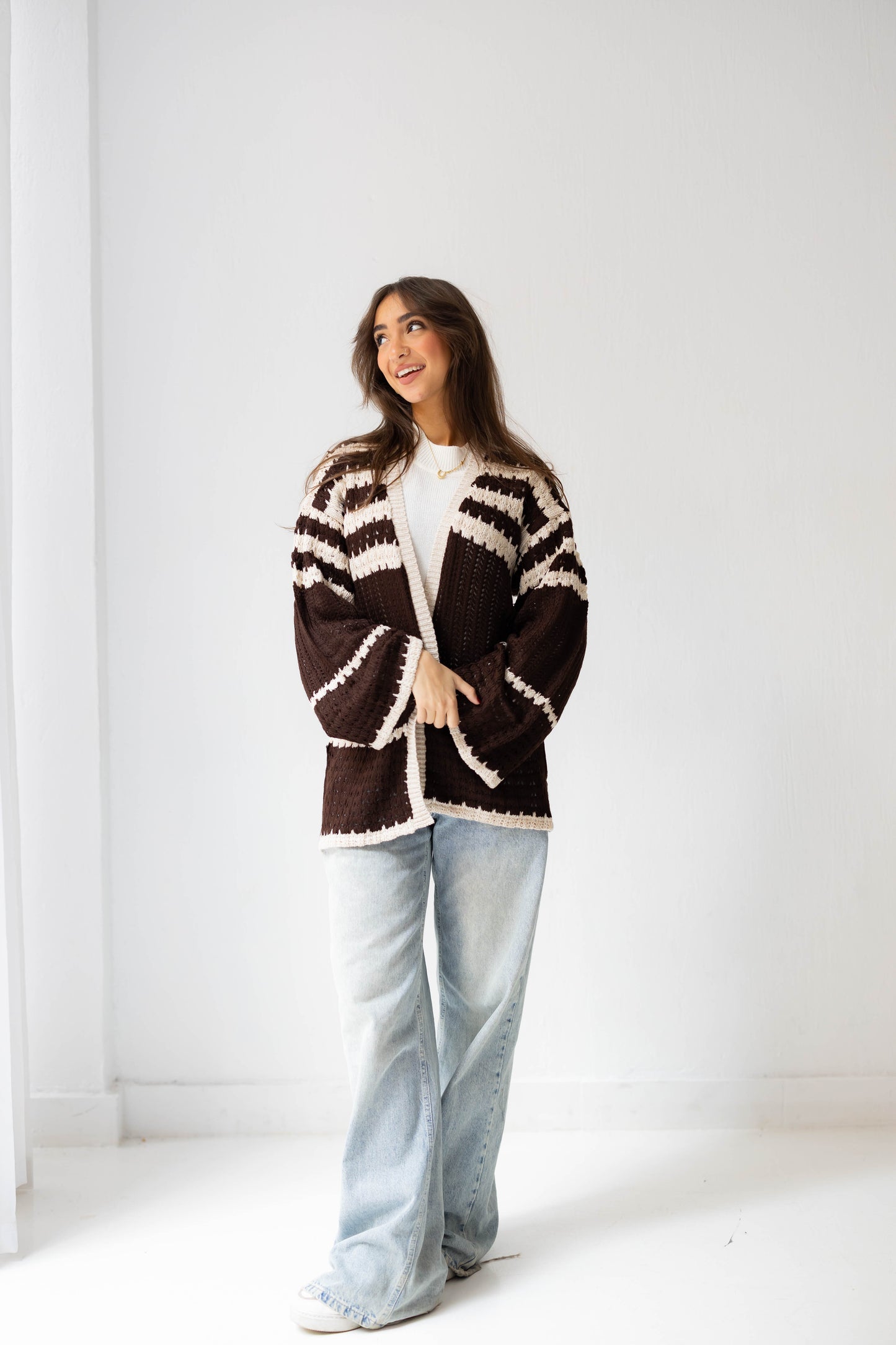 The Striped Knit Cardigan in Brown
