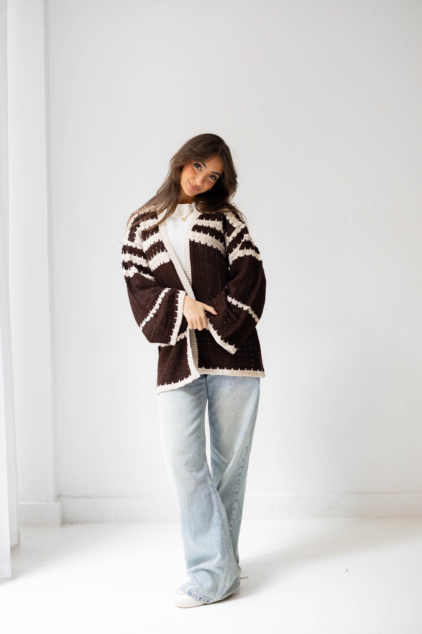 The Striped Knit Cardigan in Brown