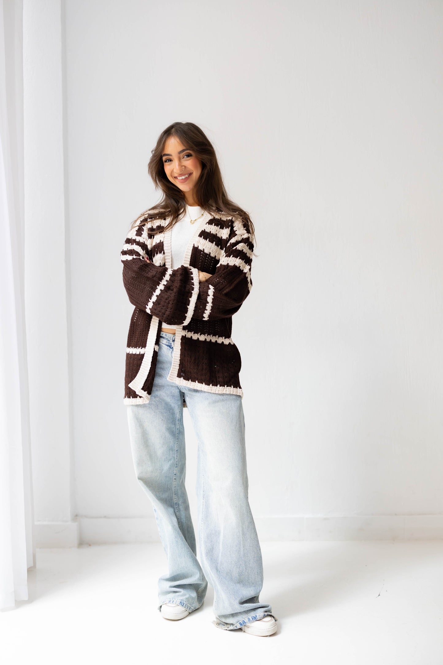 The Striped Knit Cardigan in Brown