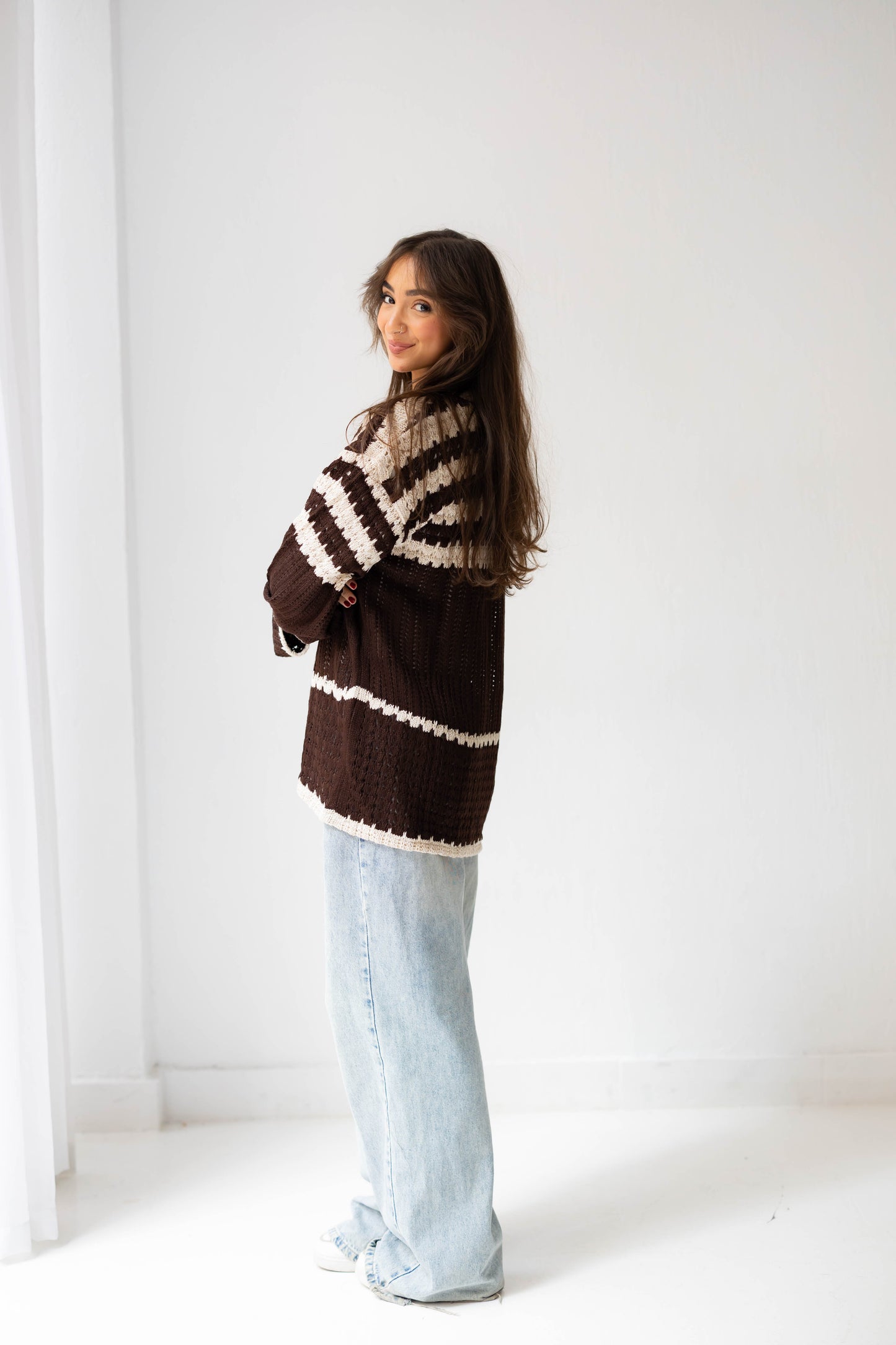 The Striped Knit Cardigan in Brown