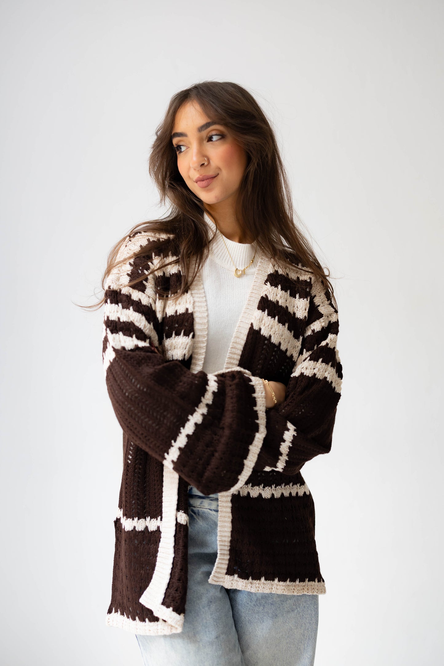 The Striped Knit Cardigan in Brown