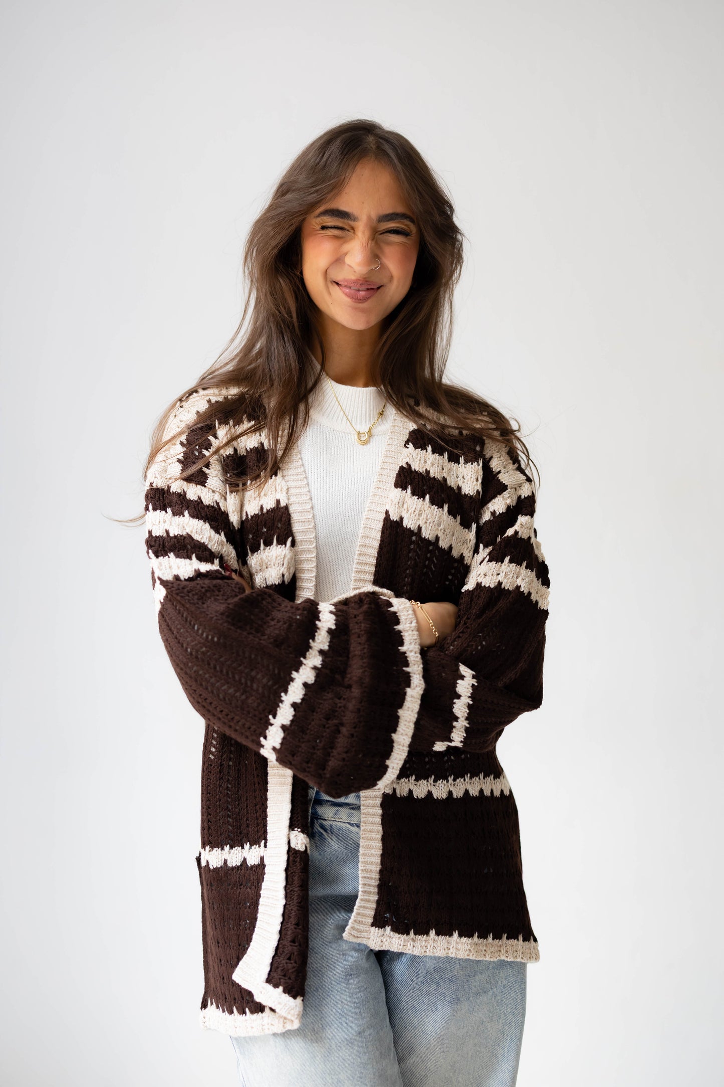 The Striped Knit Cardigan in Brown