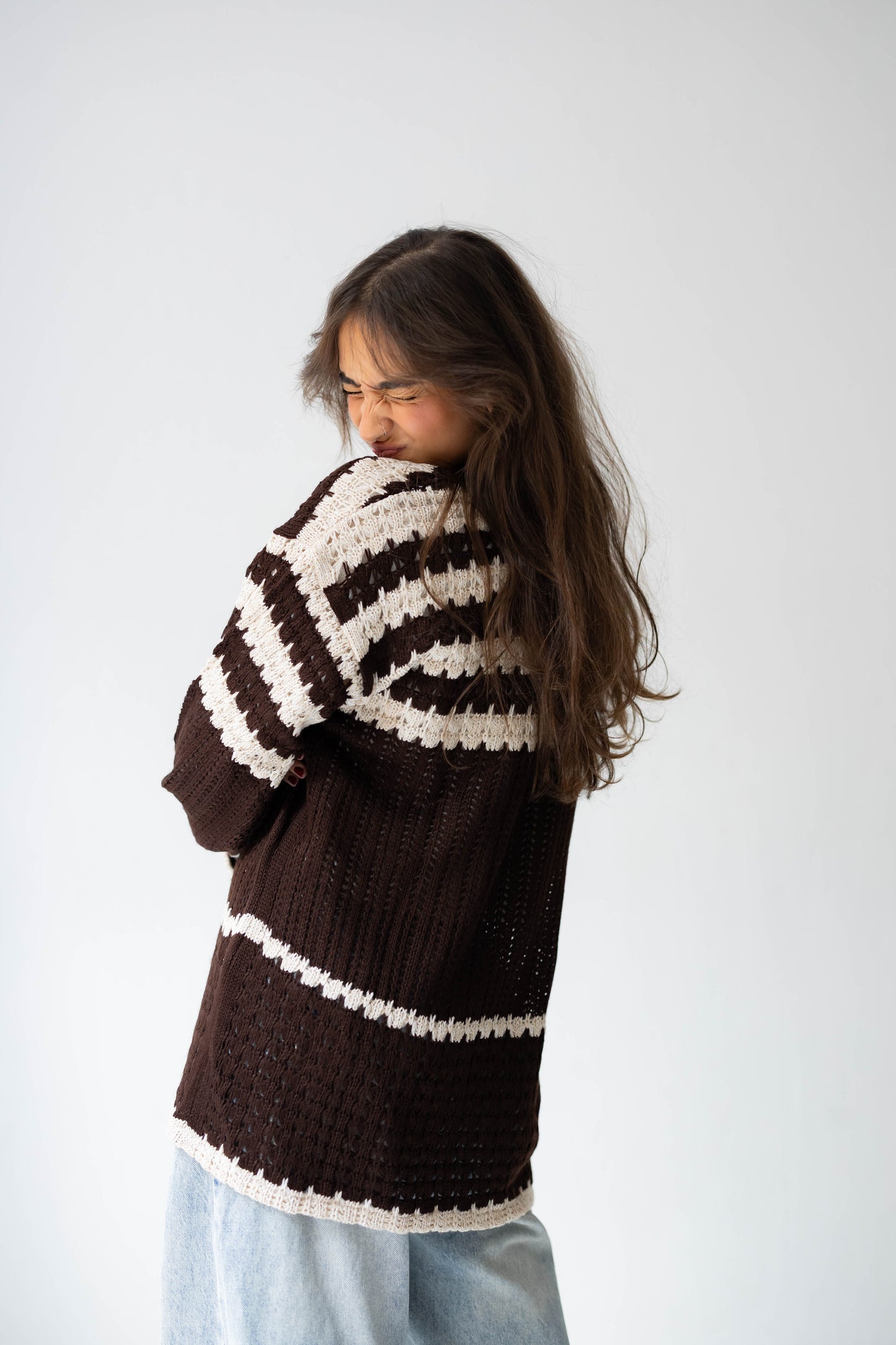 The Striped Knit Cardigan in Brown