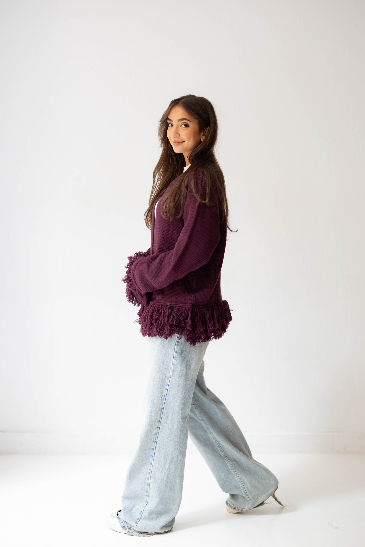 Twirl Fringed Jacket in Burgundy