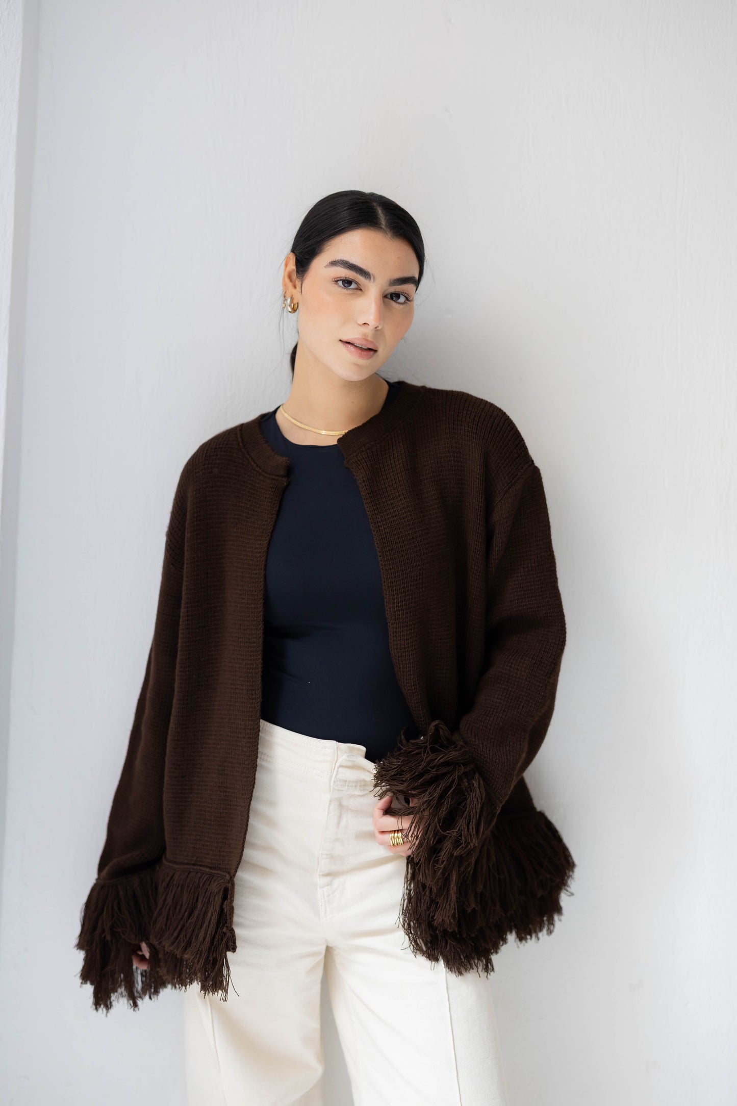 Twirl Fringed Jacket in Chocolate