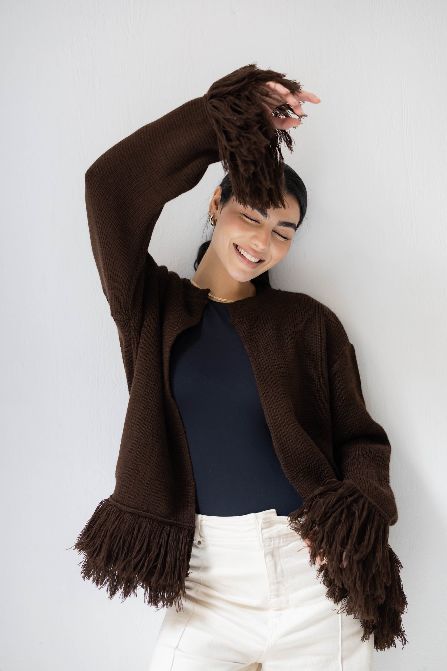 Twirl Fringed Jacket in Chocolate