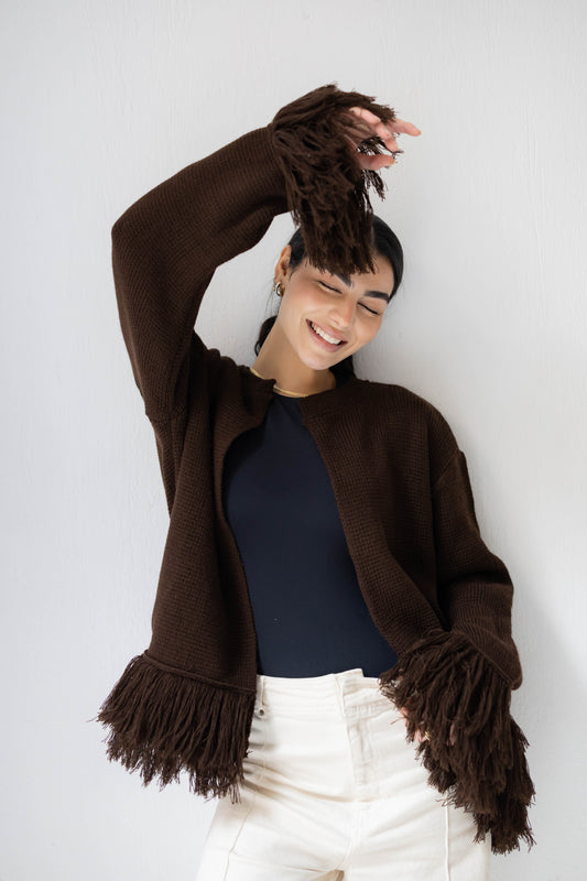 Twirl Fringed Jacket in Chocolate