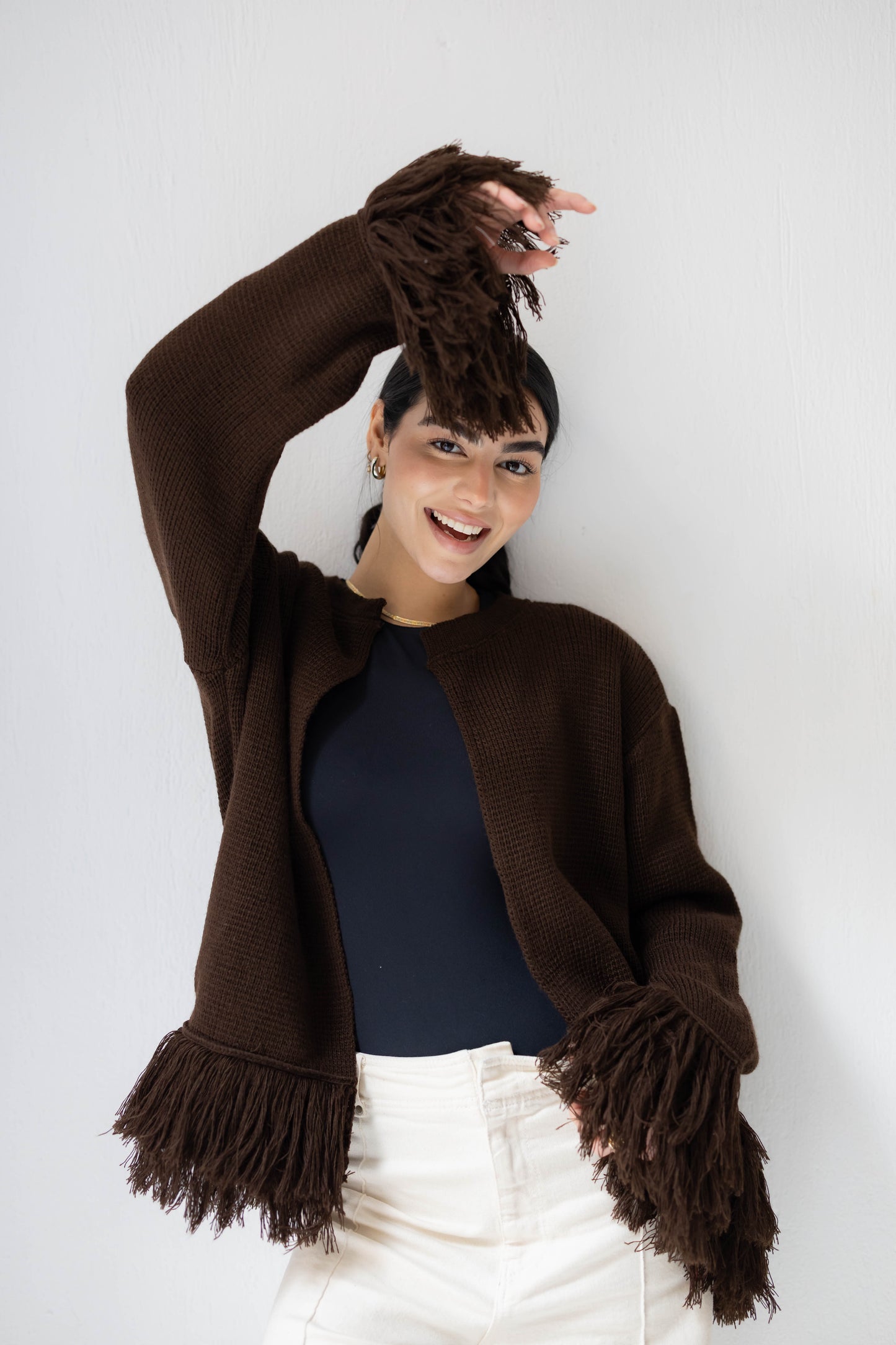 Twirl Fringed Jacket in Chocolate
