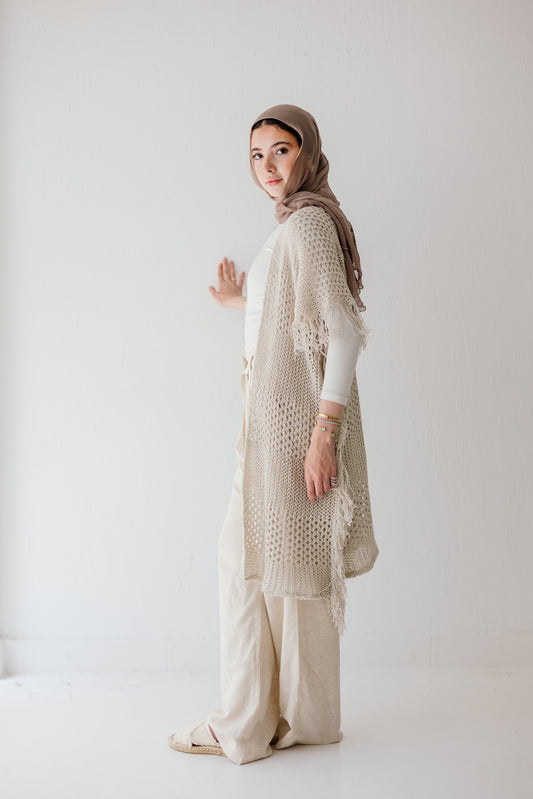Crochet Fringed Cardigan in Oat