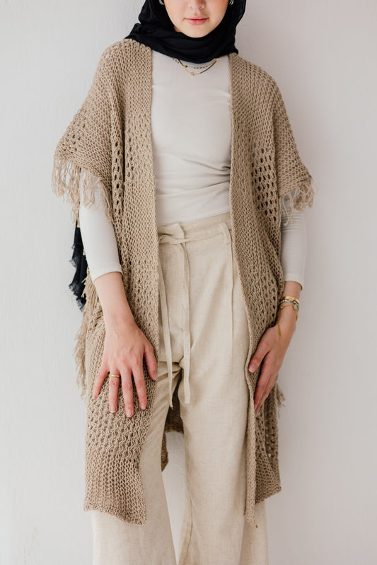 Crochet Fringed Cardigan in Tan