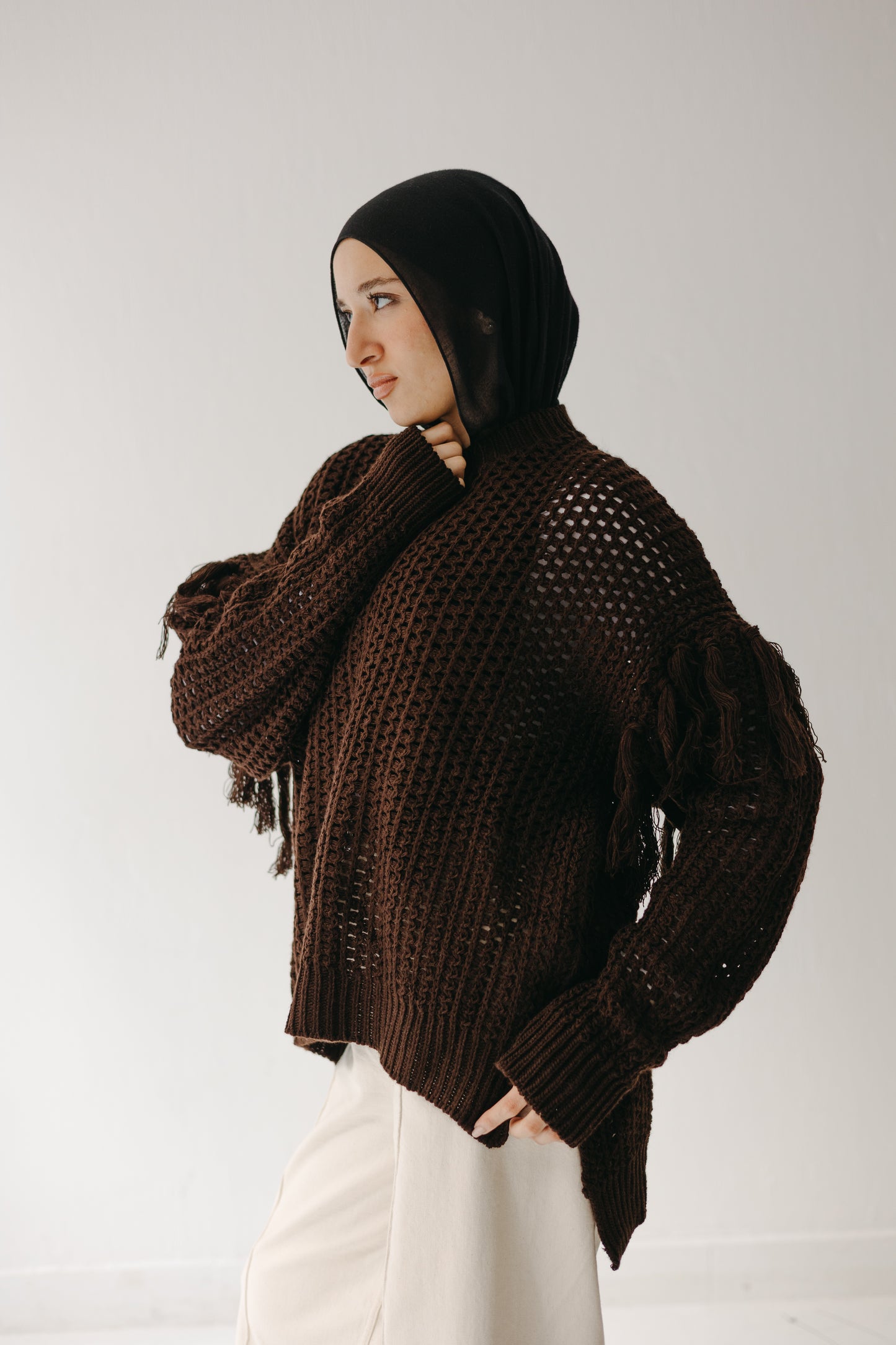 The Fringed Flow Knit in Cocoa
