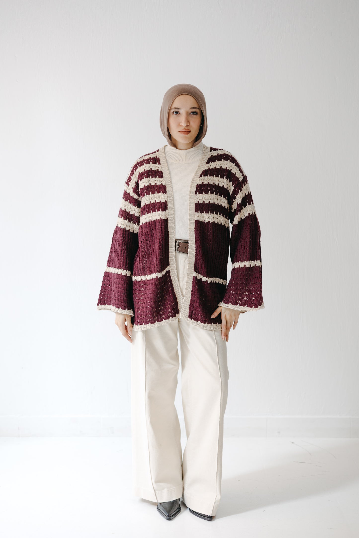 The Striped Knit Cardigan in Burgundy