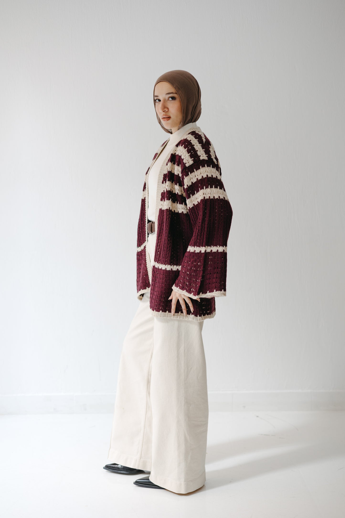 The Striped Knit Cardigan in Burgundy