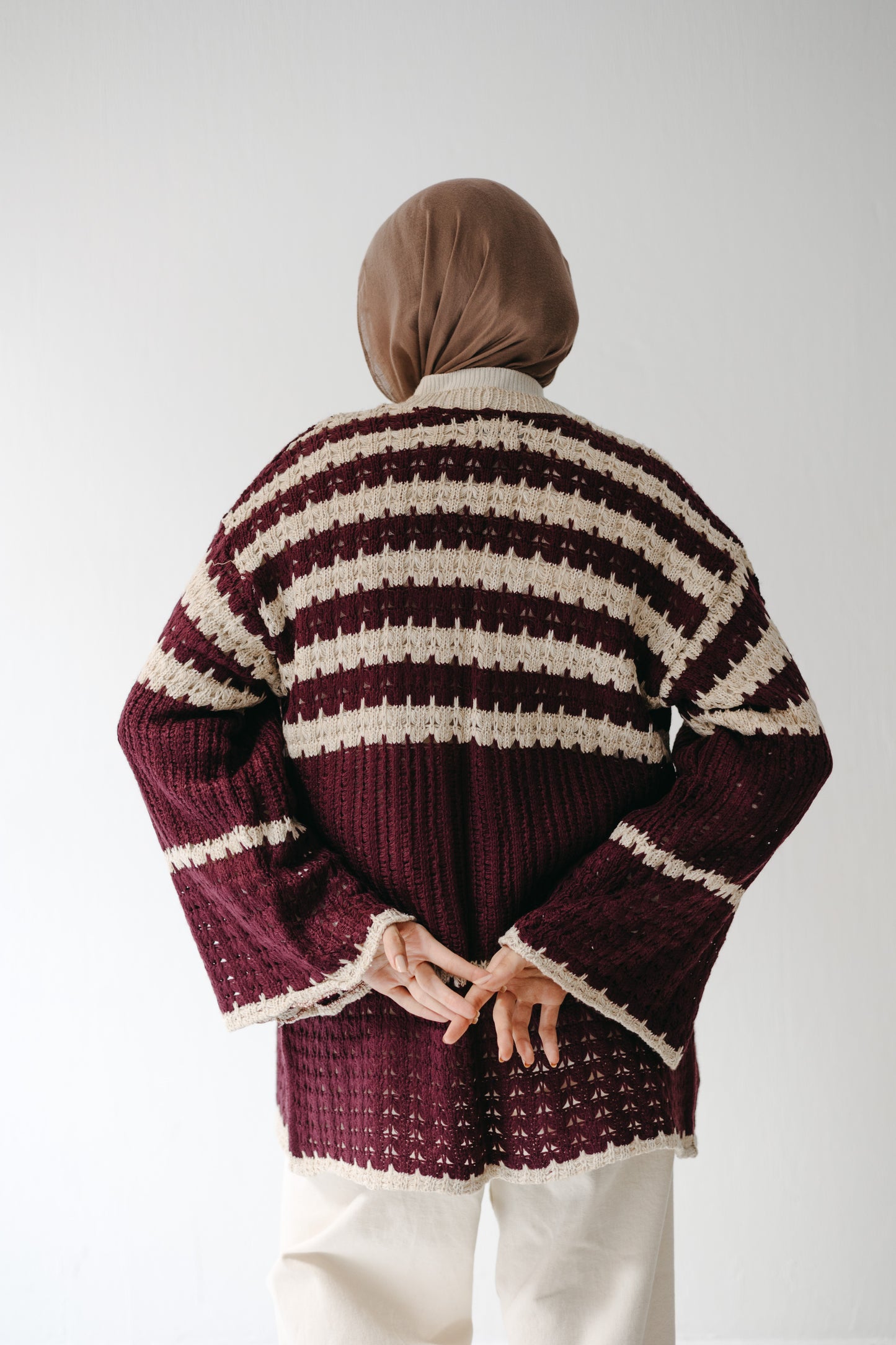 The Striped Knit Cardigan in Burgundy
