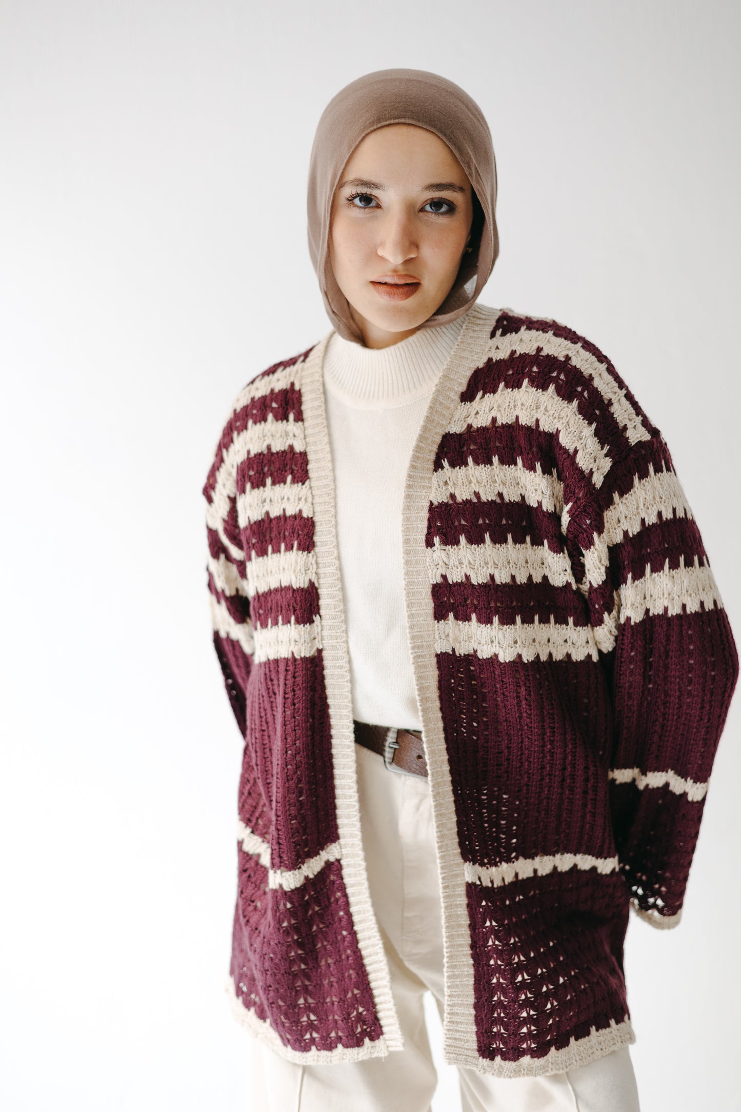 The Striped Knit Cardigan in Burgundy