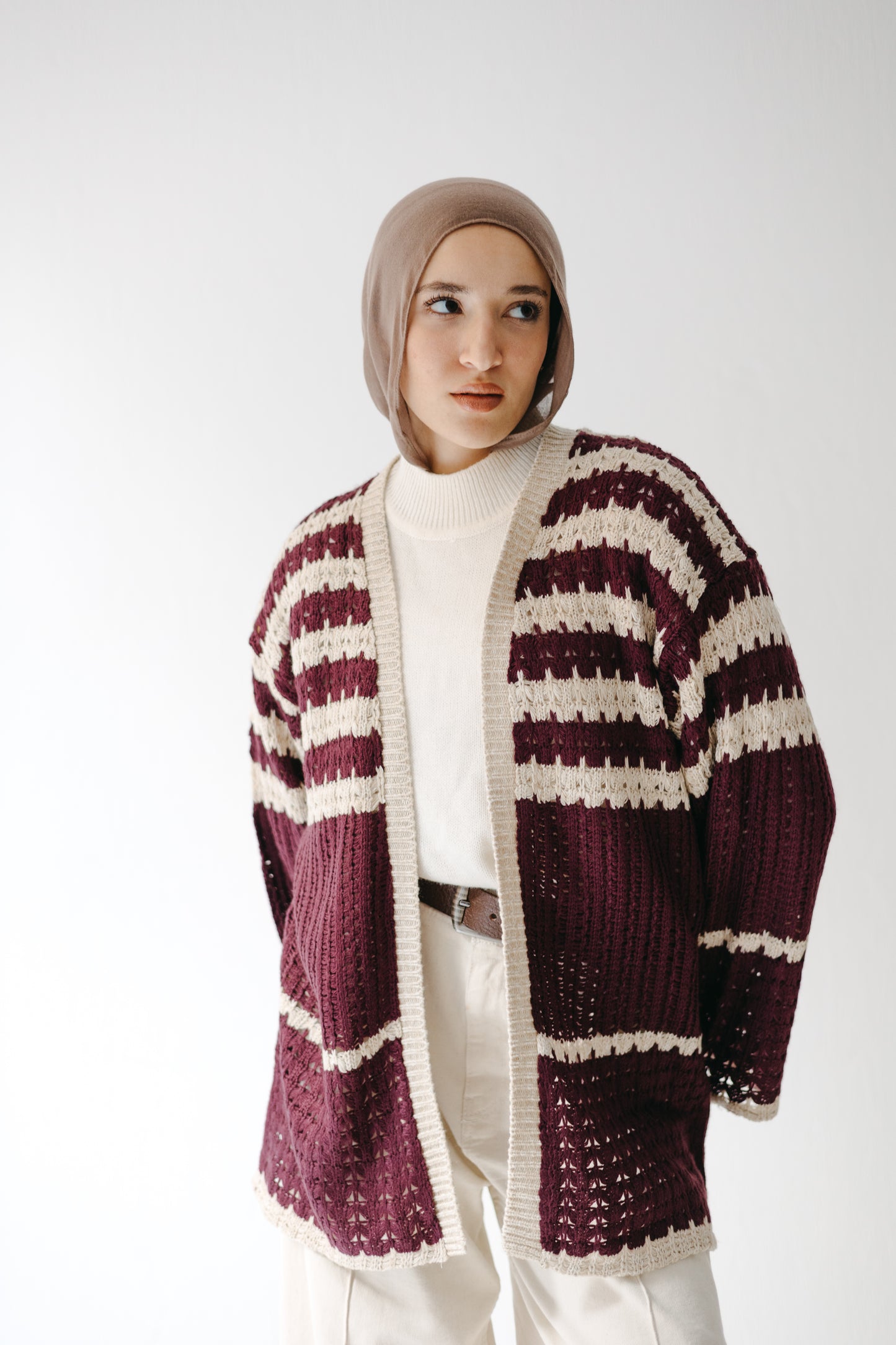 The Striped Knit Cardigan in Burgundy