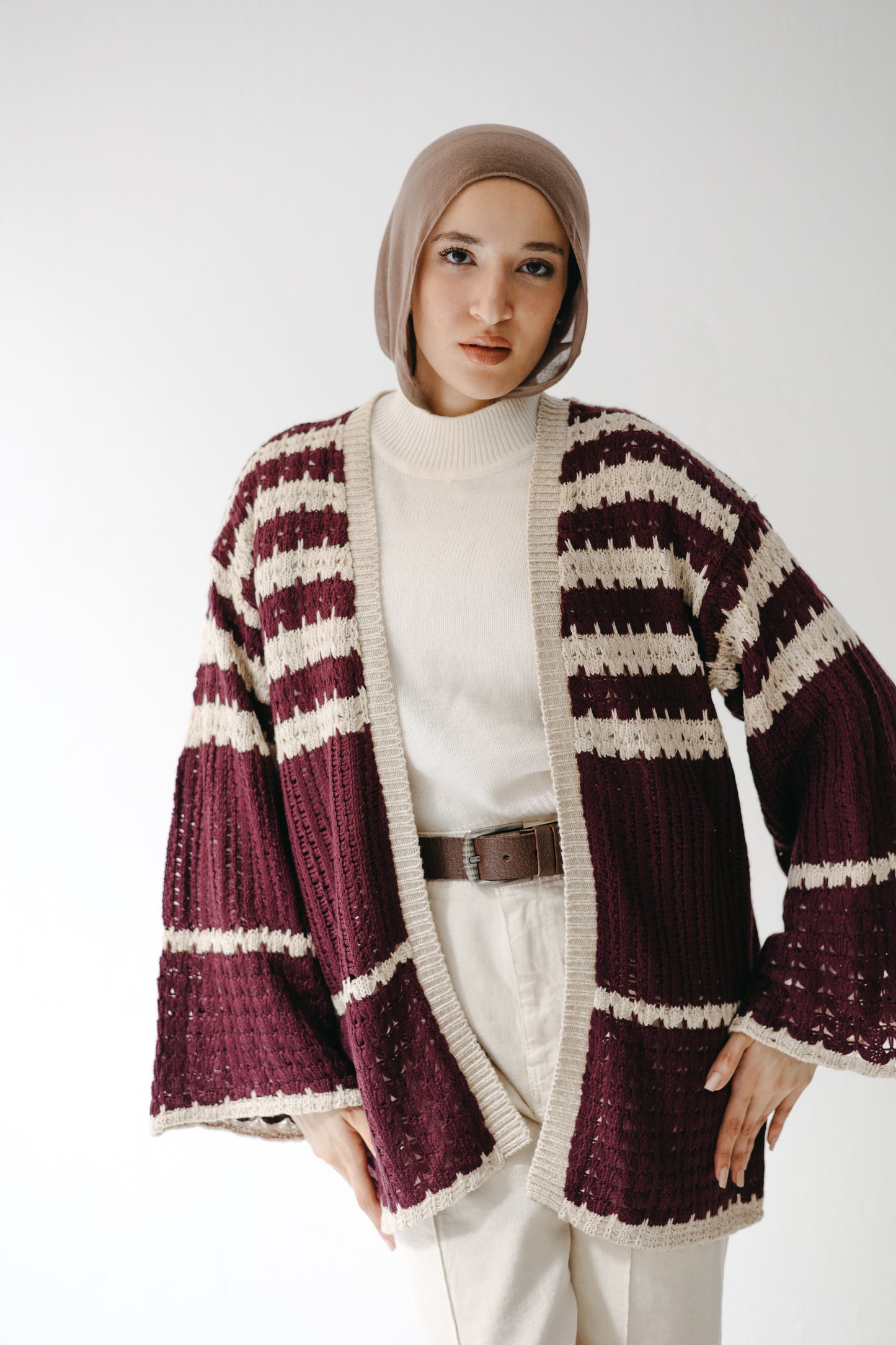 The Striped Knit Cardigan in Burgundy
