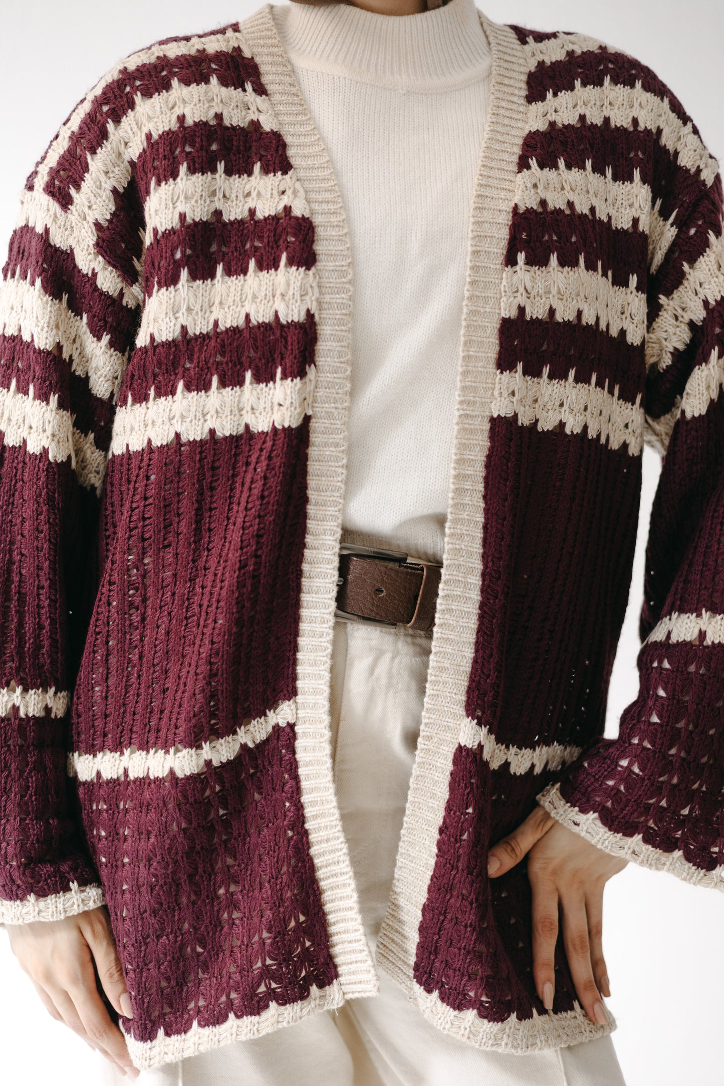 The Striped Knit Cardigan in Burgundy