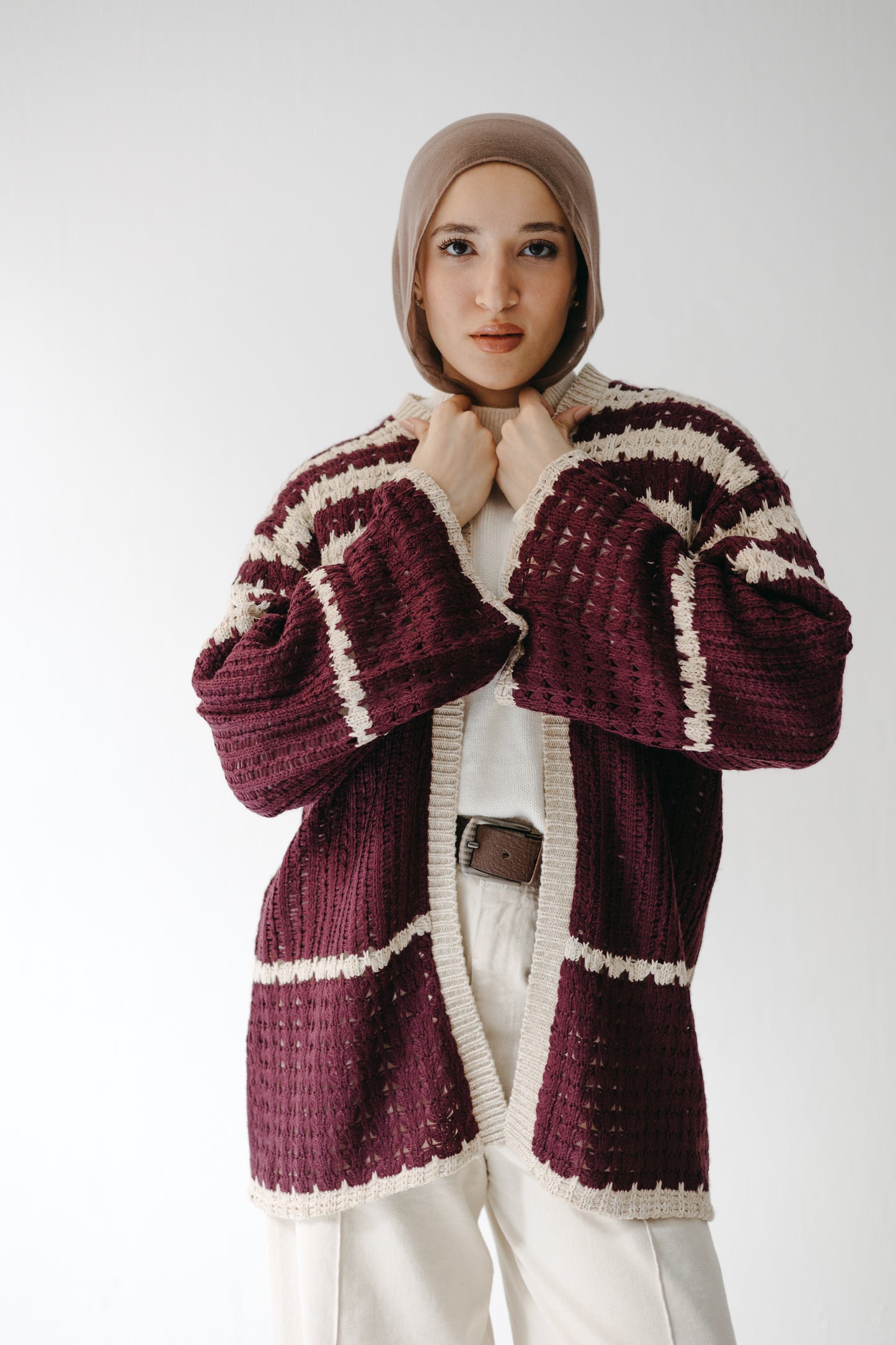 The Striped Knit Cardigan in Burgundy